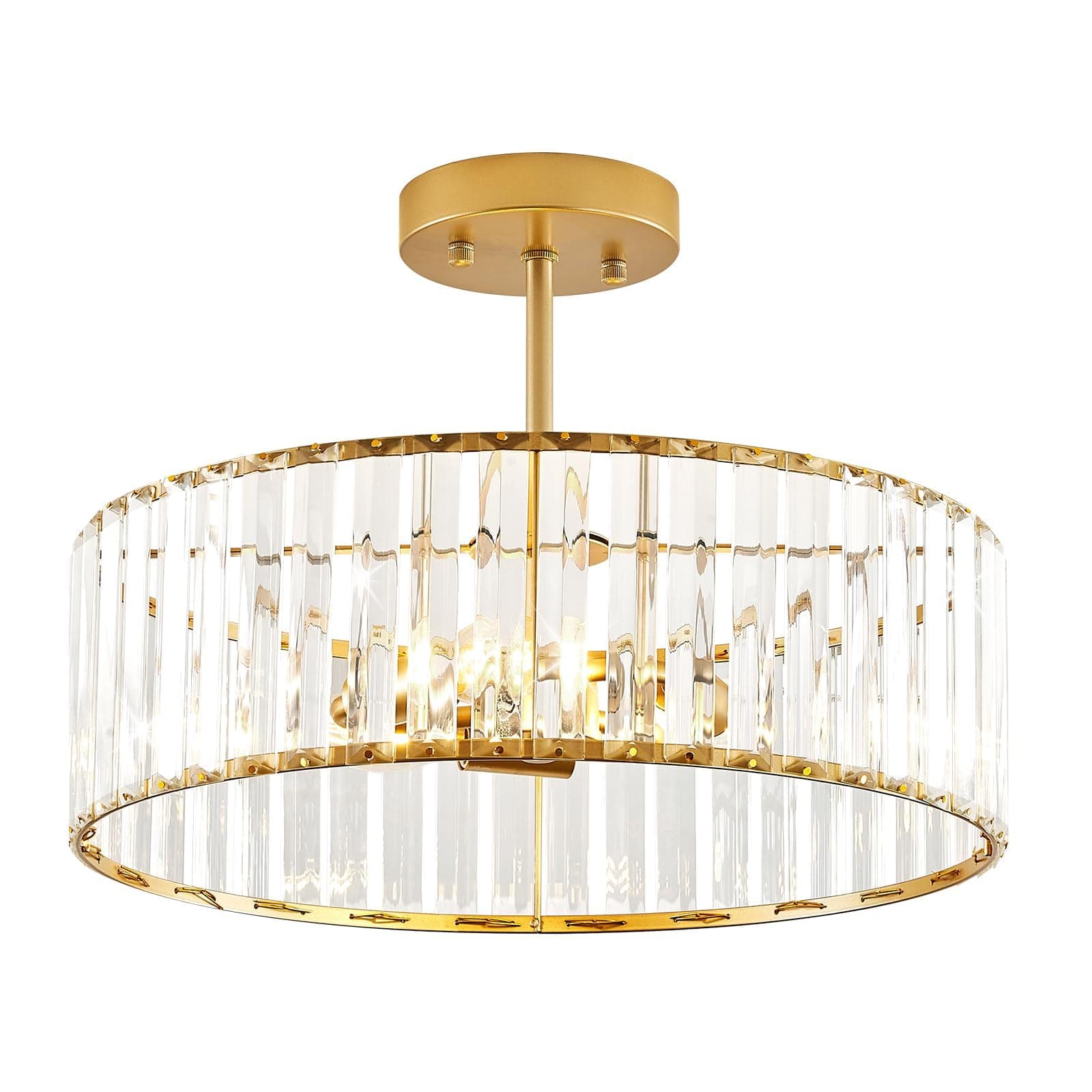 Modern Gold Semi Flush Mount Ceiling Light Crystal 3-Light Light Fixture 15.75 Inch Kitchen Ceiling Lighting for Living Room Bedroom Dining Room Bathroom Entryway (Bulb Not Included)