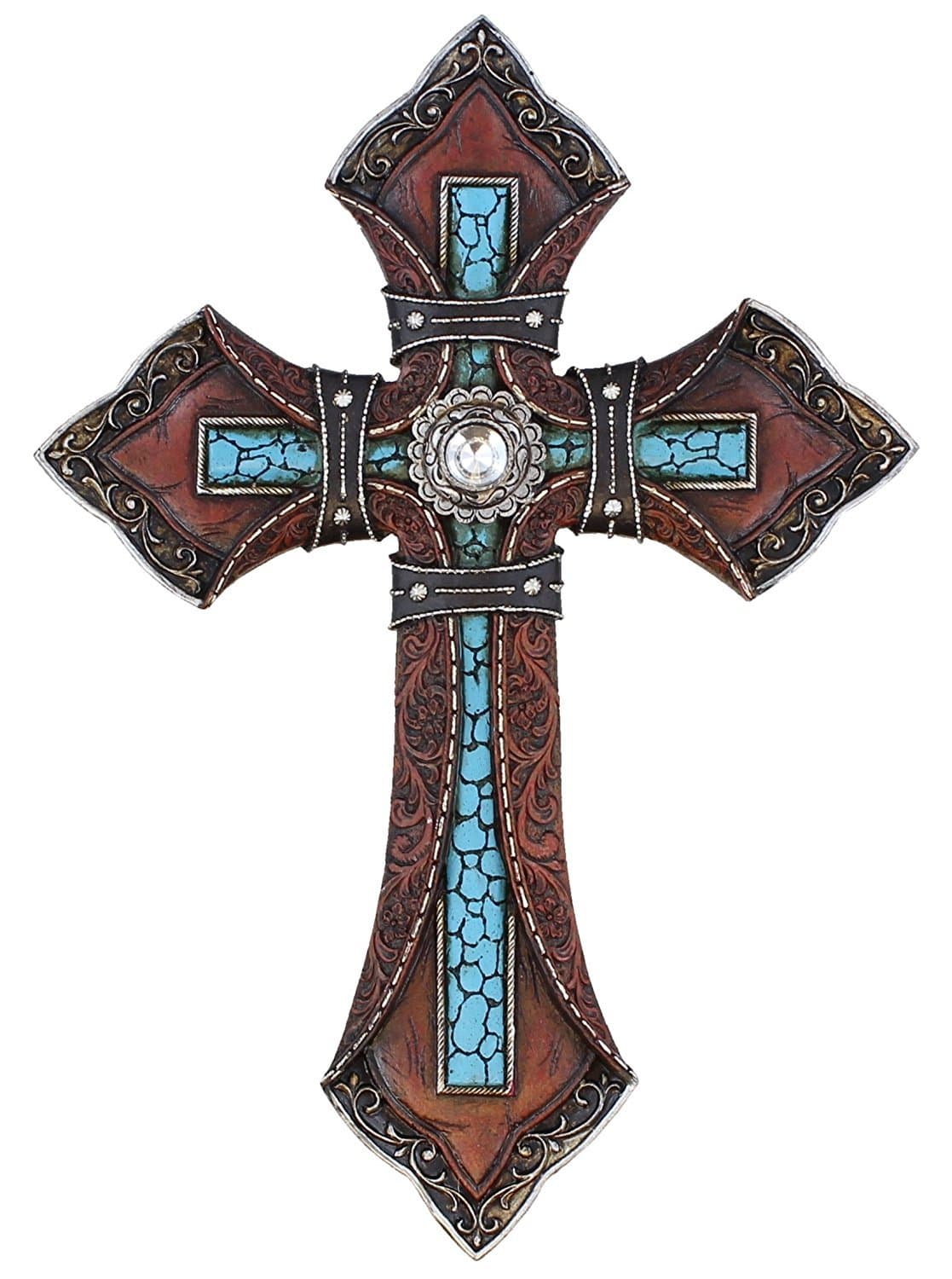Old River Outdoors Tooled Leather Look Wall Cross - Faux Turquoise with Center Rhinestone