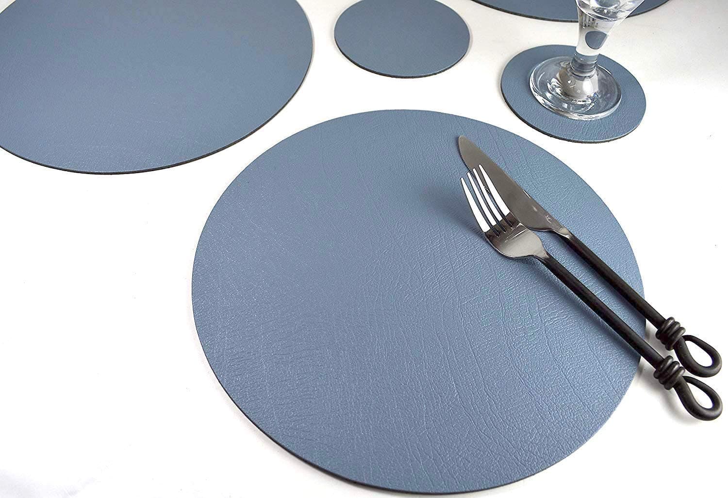 Giftag Set of 6 Vintage Grey Bonded Leather Round Placemats and 6 Coasters, Made In The UK, 12-Piece