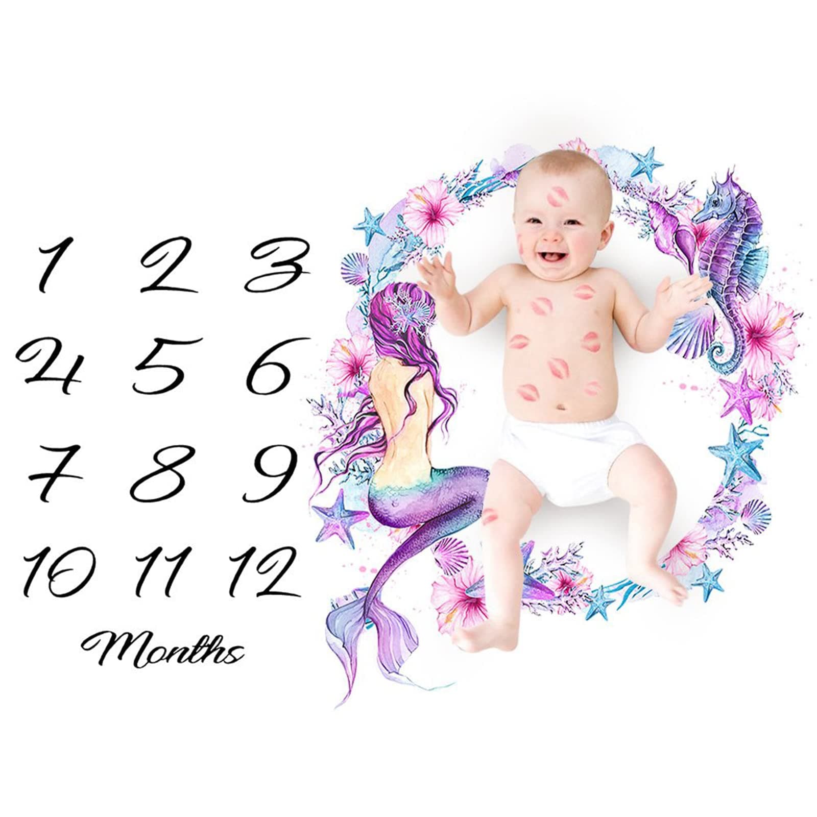 PDTXCLS Baby Monthly Milestone Blanket Newborn Girls Purple Mermaid Photo Props Shoots Backdrop Personalized Photography Growing Infants Toddlers Swaddle Blanket with Wreath Headband