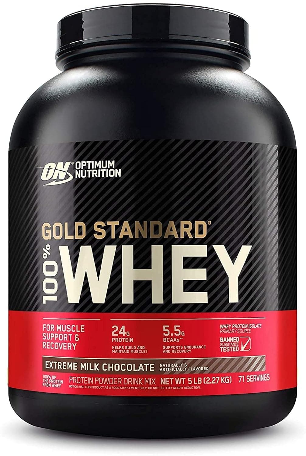 (ON) Gold Standard 100% Whey Protein Powder Primary Source Isolate, 24 Grams of Protein for Muscle Support and Recovery - Extreme Milk Chocolate, 5 Lbs, 71 Servings (2.27 KG)
