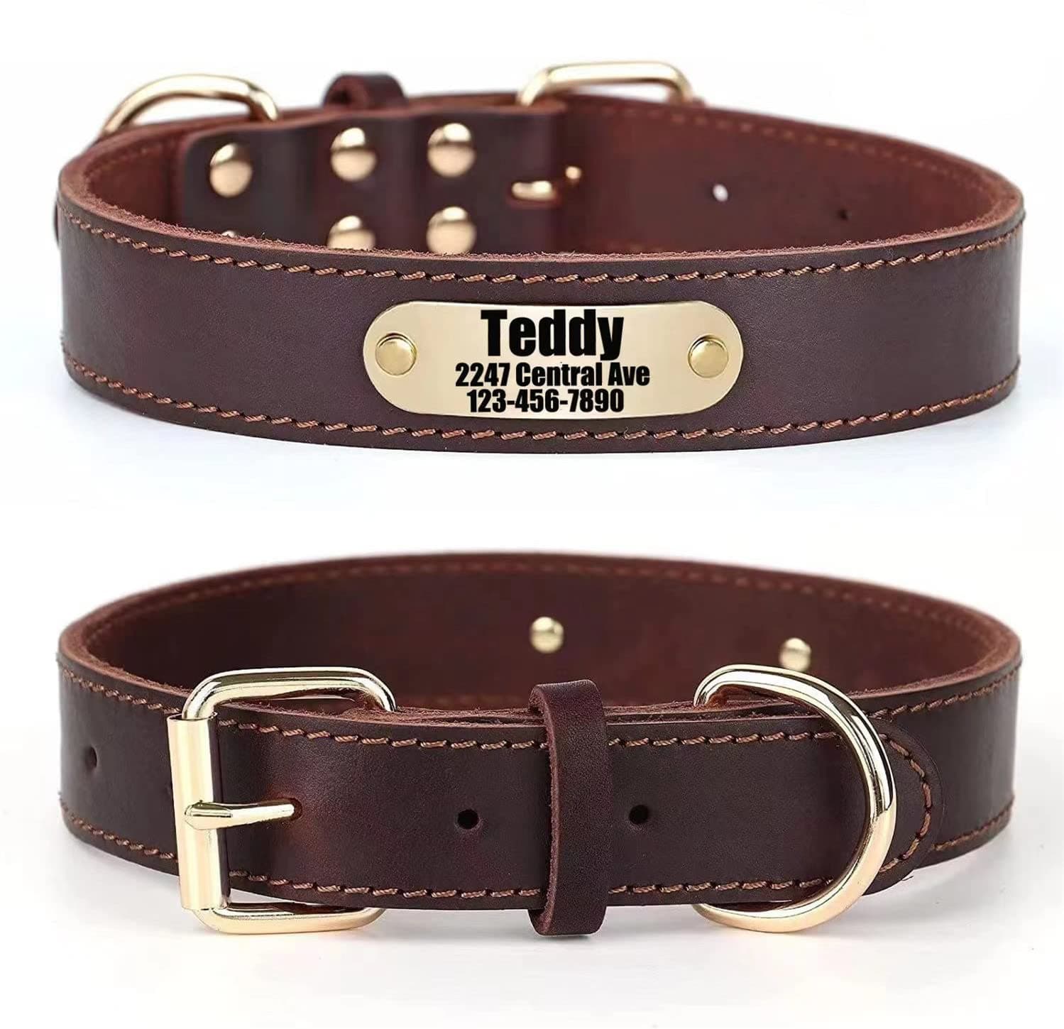 SLZZ Personalized Custom Real Genuine Leather Dog Collar with Engraved Name Phone number/Heavy Duty Durable Dog Collars for Male Female X-small Medium Large X-large Dogs-Brown/XS