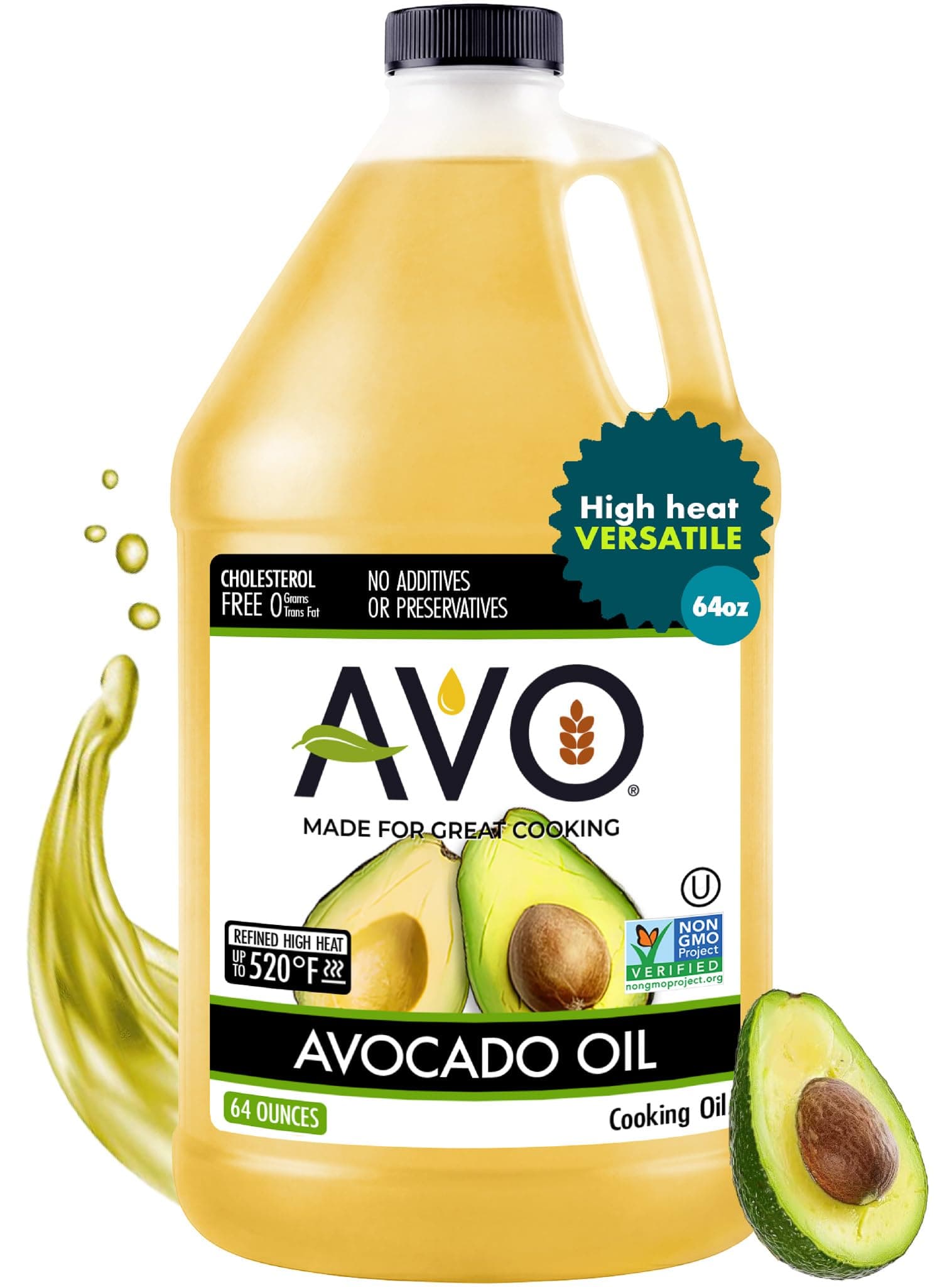 AVO Bulk Avocado Oil for Cooking Half Gallon (64 fl oz), Non-GMO Certified, No Preservatives, High Smoke Point 500°F, Neutral Flavor, Gluten-Free, Plant-Based, OU Kosher