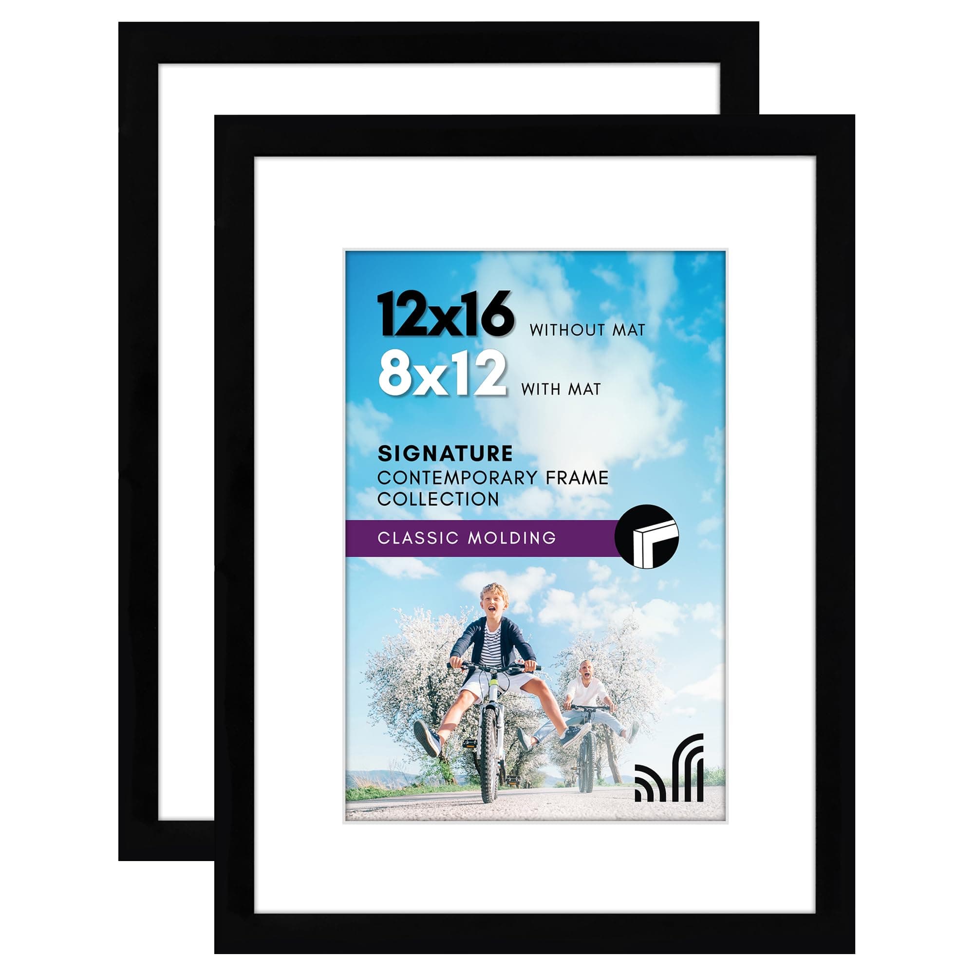 Americanflat 12x16 Picture Frame with Shatter-Resistant Glass - Set of 2 - Use as 8x12 Frame with Mat or Display 12x16 Photo Without Mat - Signature Collection - Picture Frames for Wall - Black