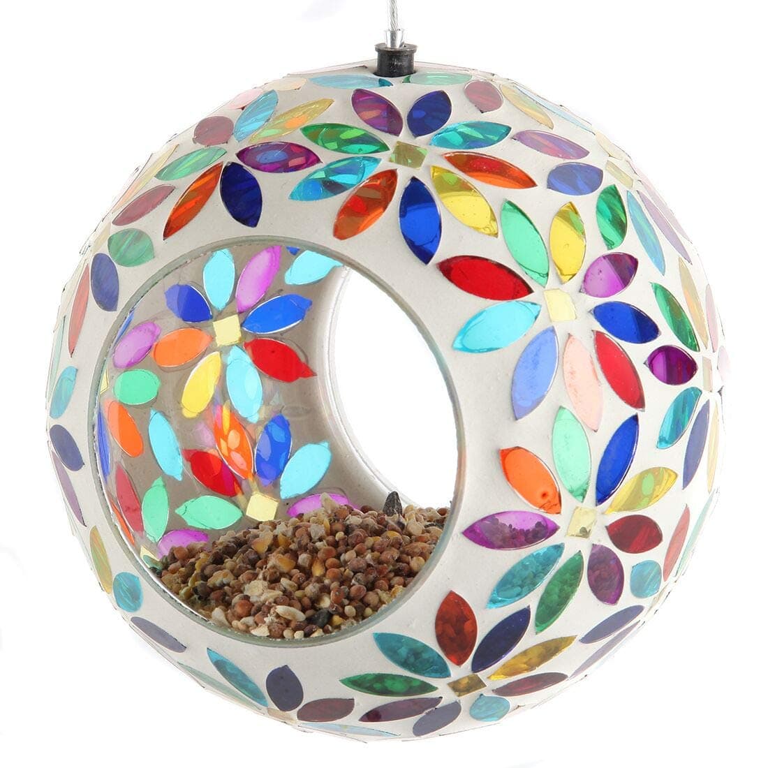 Lily's HomeHanging Outdoor Fly Through Wild Bird Feeder, an Excellent Addition to Any Garden, Mosaic. 5.5 Inches Diameter - Multi Color Flowers
