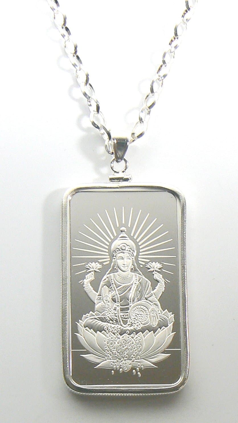 PAMP SUISSE Sterling Silver 925 Necklace Bezel Chain with Solid Silver Bar 999 Religious Lakshmi (Red Box)