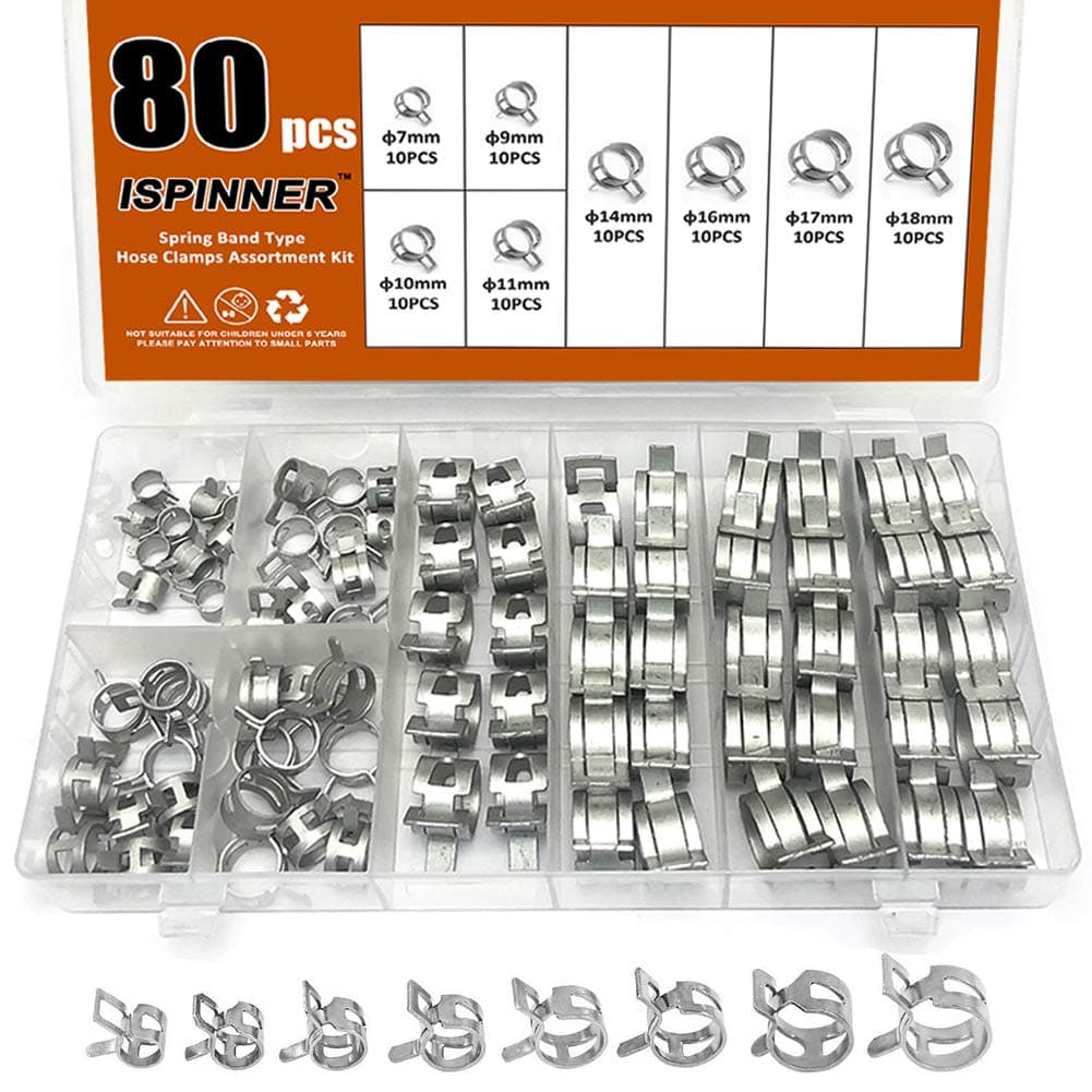 80pcs Spring Band Type Fuel/Silicone Vacuum Hose Pipe Clamp, 7mm-18mm Low Pressure Air Clip Clamp 7mm 9mm 10mm 11mm 14mm 16mm 17mm 18mm (Silver)