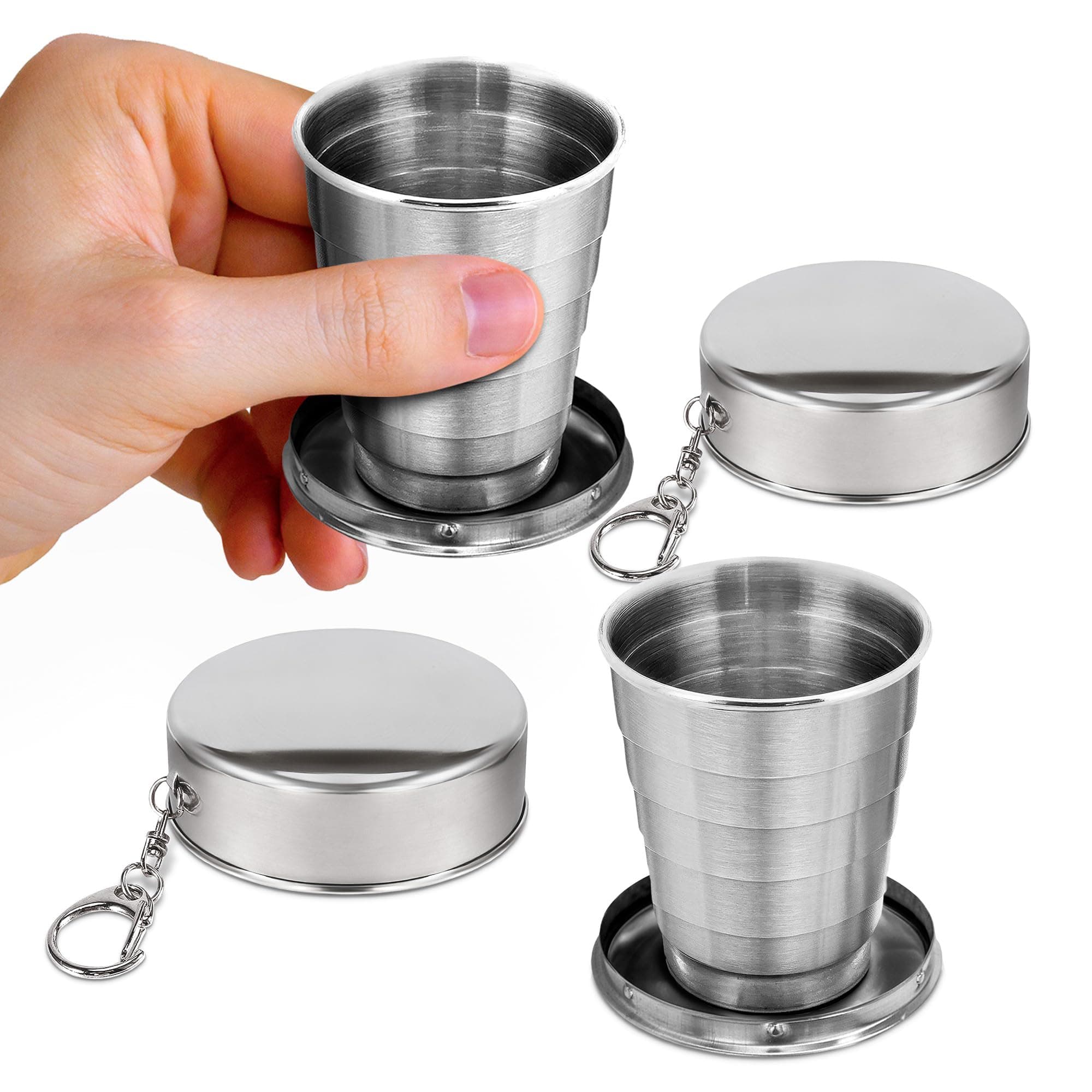 Collapsible Shot Glass with Lid - 2.5Oz (75ml) Stainless Steel Travel Shot Glasses, Rust & Bend Resistant, Keychain for Easy Portability - Collapsible Cups for Traveling, Fishing, Camping