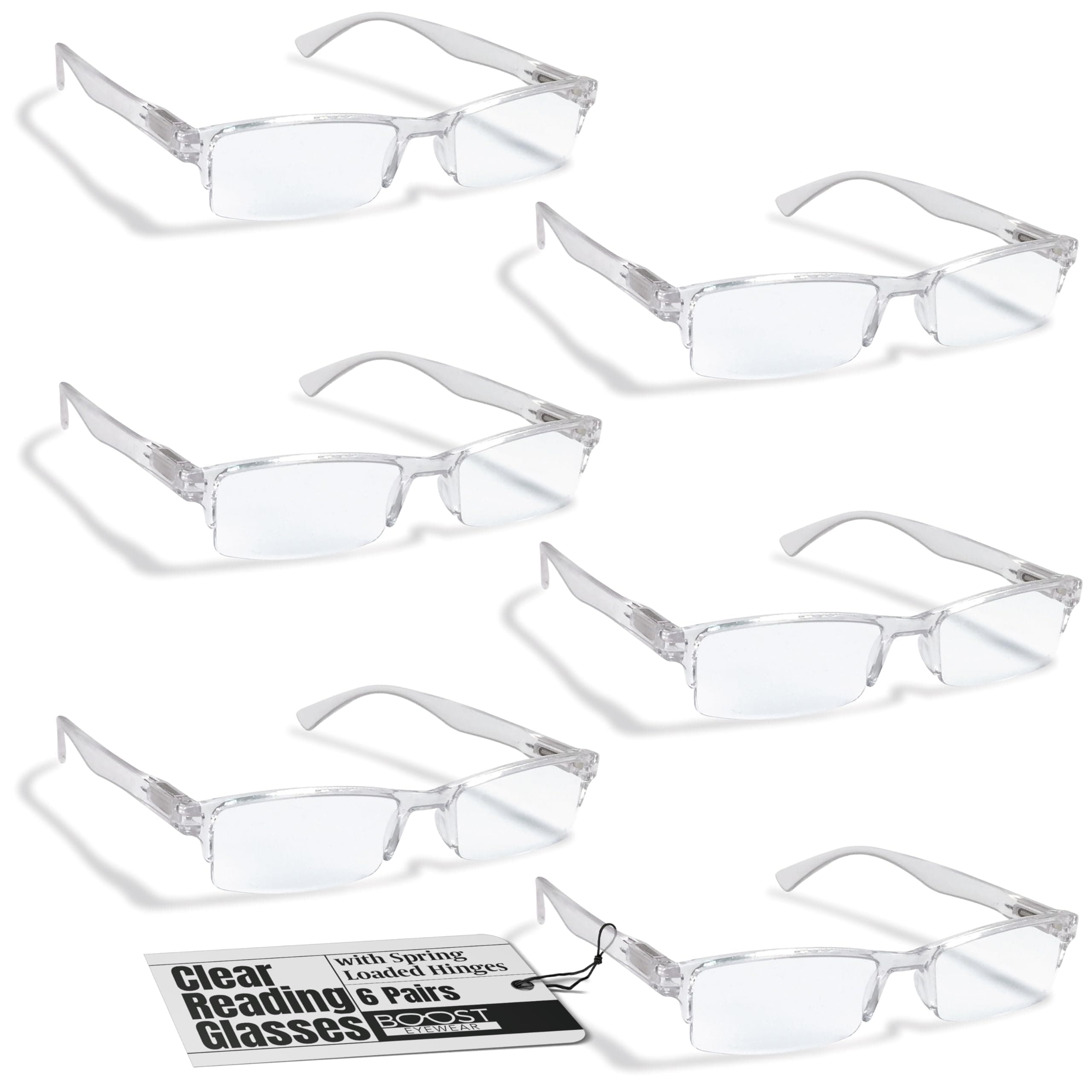Boost Eyewear 6 Pack Reading Glasses, Clear Half Rim Frames, for Men and Women, with Comfort Spring Loaded Hinges, Clear, 6 Pairs (+2.00)