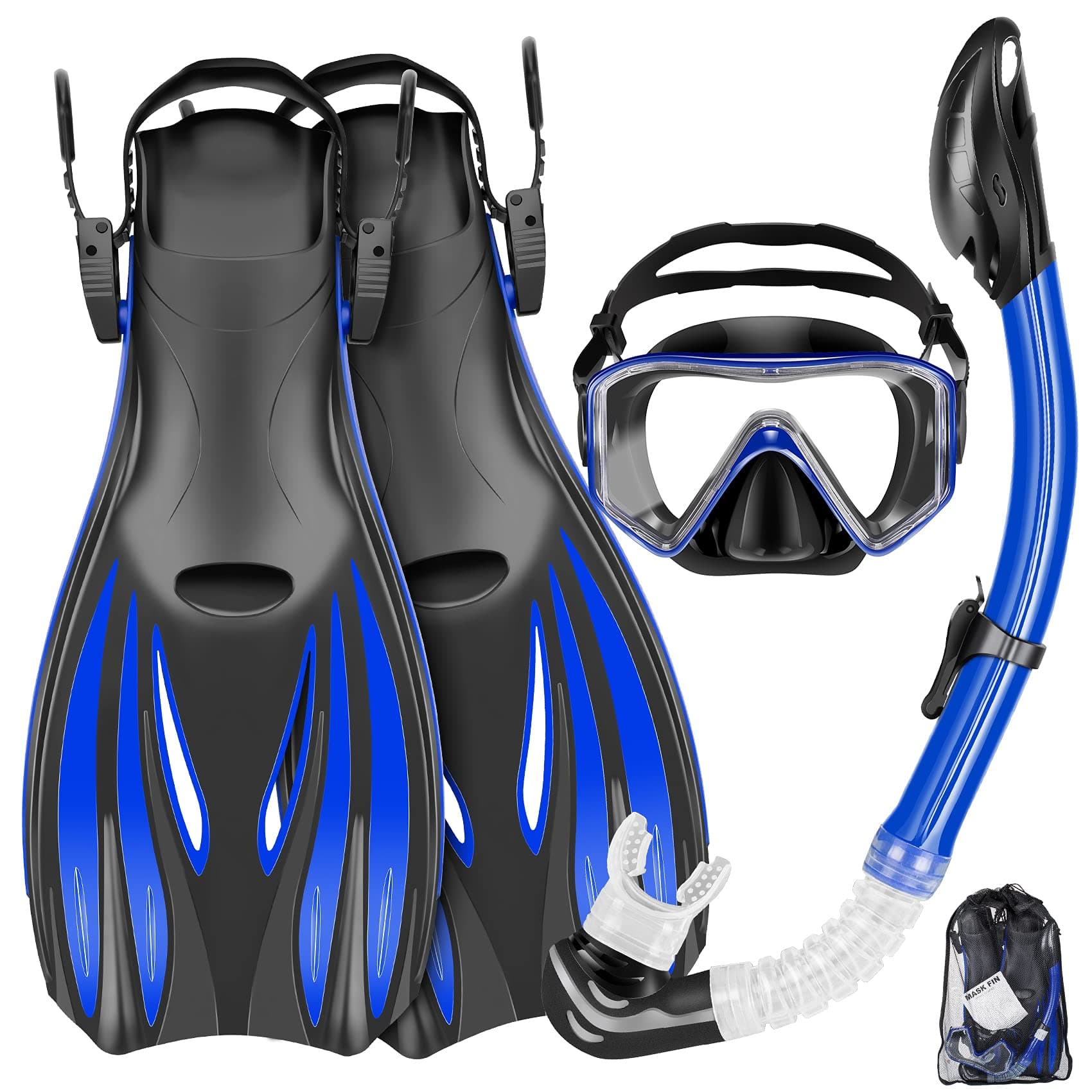 Snorkeling Gear for Adults Kids - Mask Fins Snorkel Set with Panoramic View Snorkel Mask Anti-Fog Anti-Leak, Dry Top Snorkel, Dive Flippers and Gear Bag, Snorkeling Diving Safety Gear
