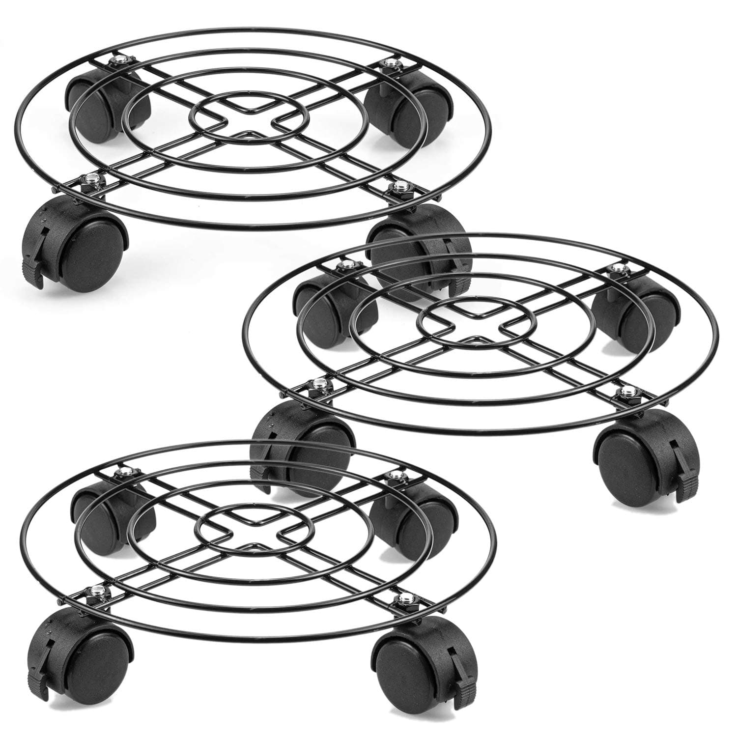 Tosnail 3 Pack 10.5" Round Metal Plant Caddy Plant Dolly Plant Stand Plant Holder with Caster Wheels - Black