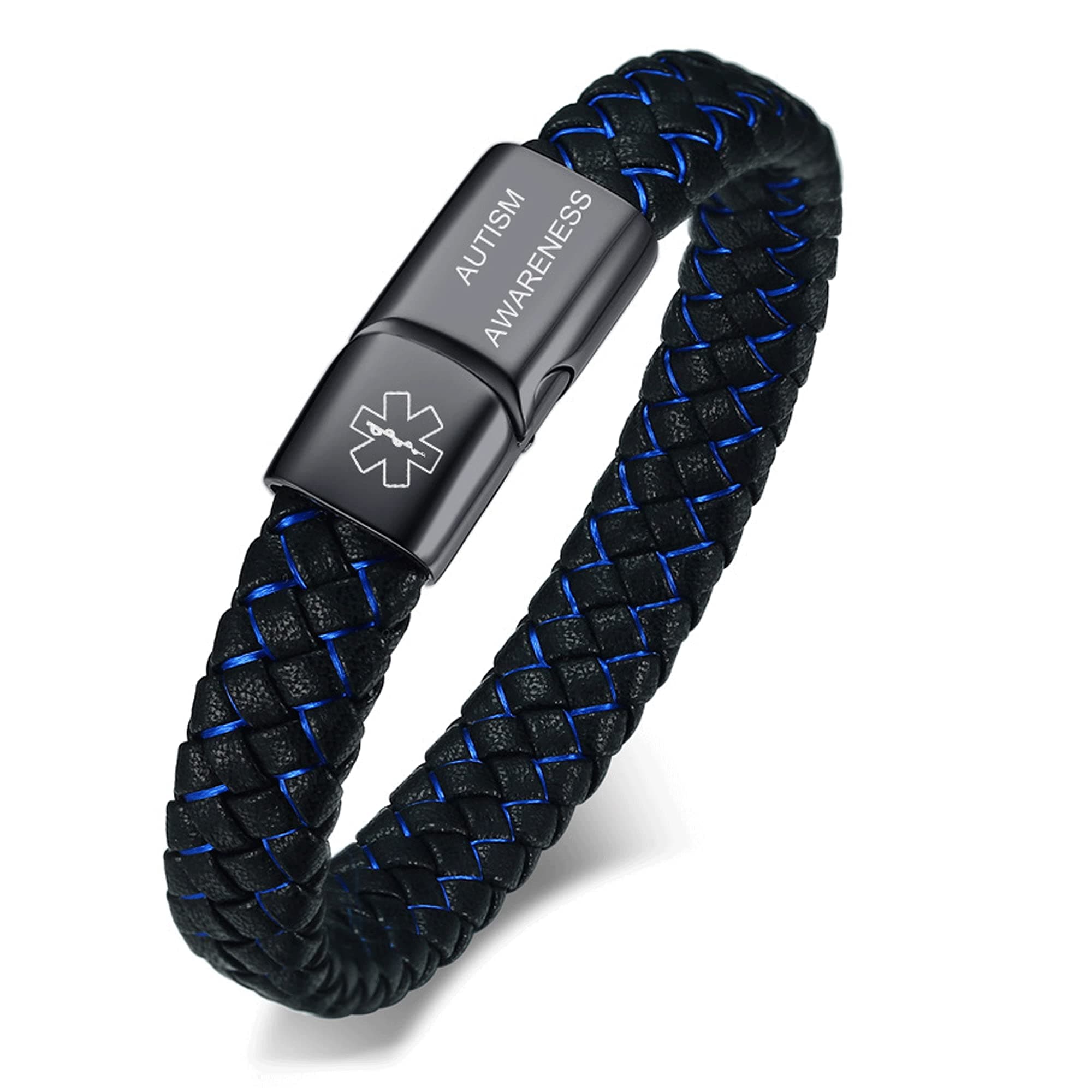 VNOX Blue Braided Leather Medical Symbol Caduceus with Magnetic Clasp Cuff Wristband Bracelet,6.9/7.5/8.5"