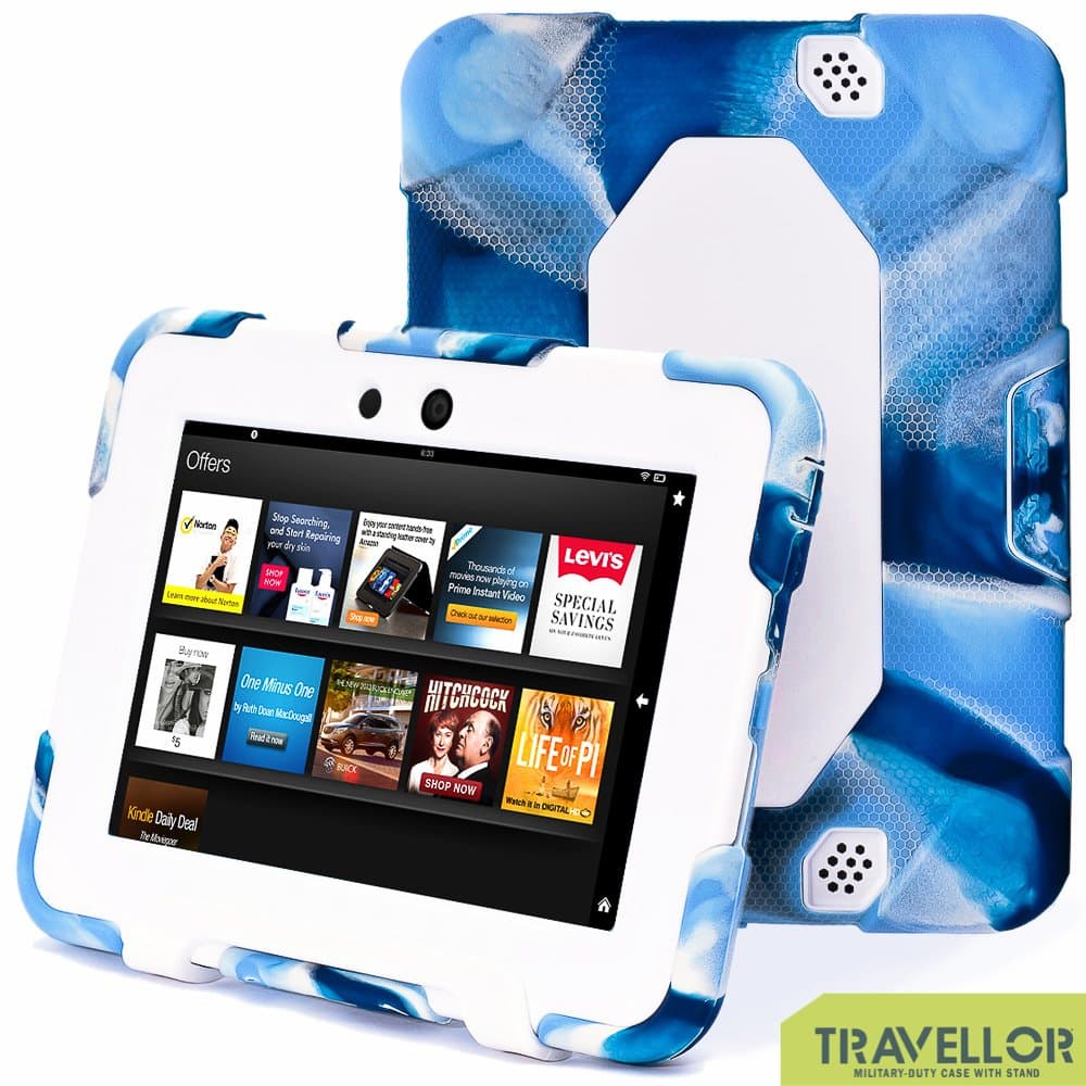 Kindle Fire Hd 7” Case New Hot Item Slim Fit Silicone Plastic Dual Protective Back Cover Standing Case Kid Proof Case for Amazon Kindle Fire Hd 7 Inch (Camo Blue/White)