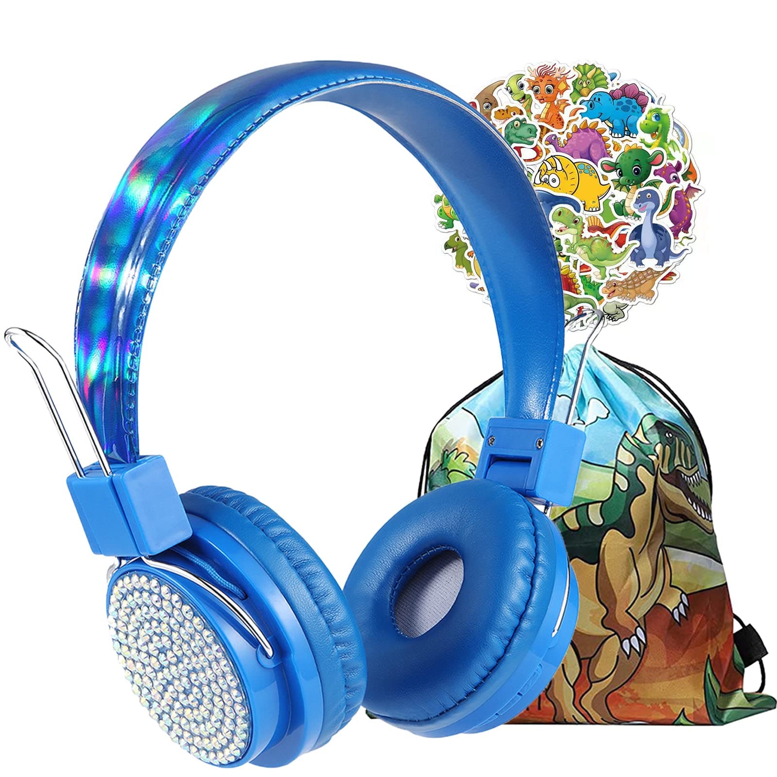 Kids Bluetooth Headphones，Charlxee Wireless Headset with Dinosaur Bag&Sticker for Girls Boys,Built-in Mic&Over/On Ear HD Stereo for Online Study/School/Travel/Tablet with 3.5MM Jack Nylon Cable-Blue