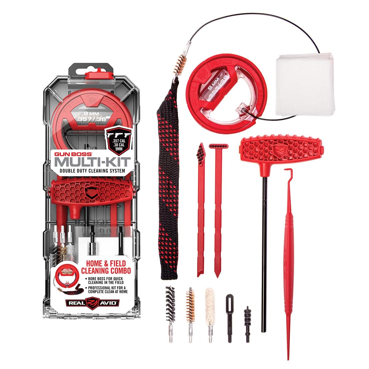 Real Avid 9mm Gun Cleaning Kit for 9mm .357 & .38 Caliber Handguns | Complete Glock Cleaning Kit & Pistol Cleaning Kit with 9mm Gun Snake, Bore Brush Set, Cleaning Rod & Gun Cleaning Accessories,red