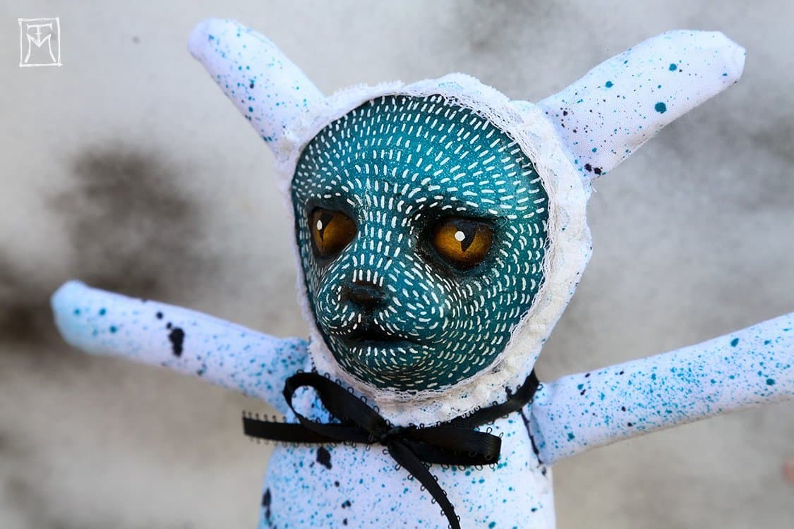 Creepy Cute Blue Kitzy Katzy Hell Cat plushie, Collectible Dark Art Toy, Gothic Horror Stuffed Animal, Surreal Art Doll