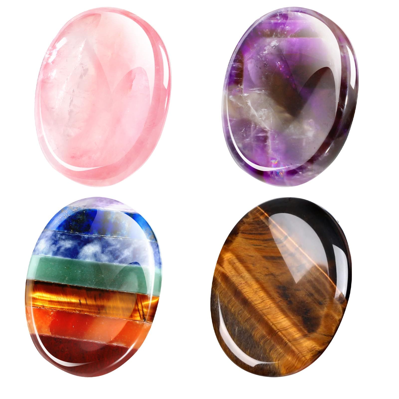 Roowest 4 Pcs Thumb Worry Stone for Anxiety Chakra Stones Charkas Crystals Pink Crystal Amethyst Tiger Eye Anxiety Stone for Stress Relief Meditation