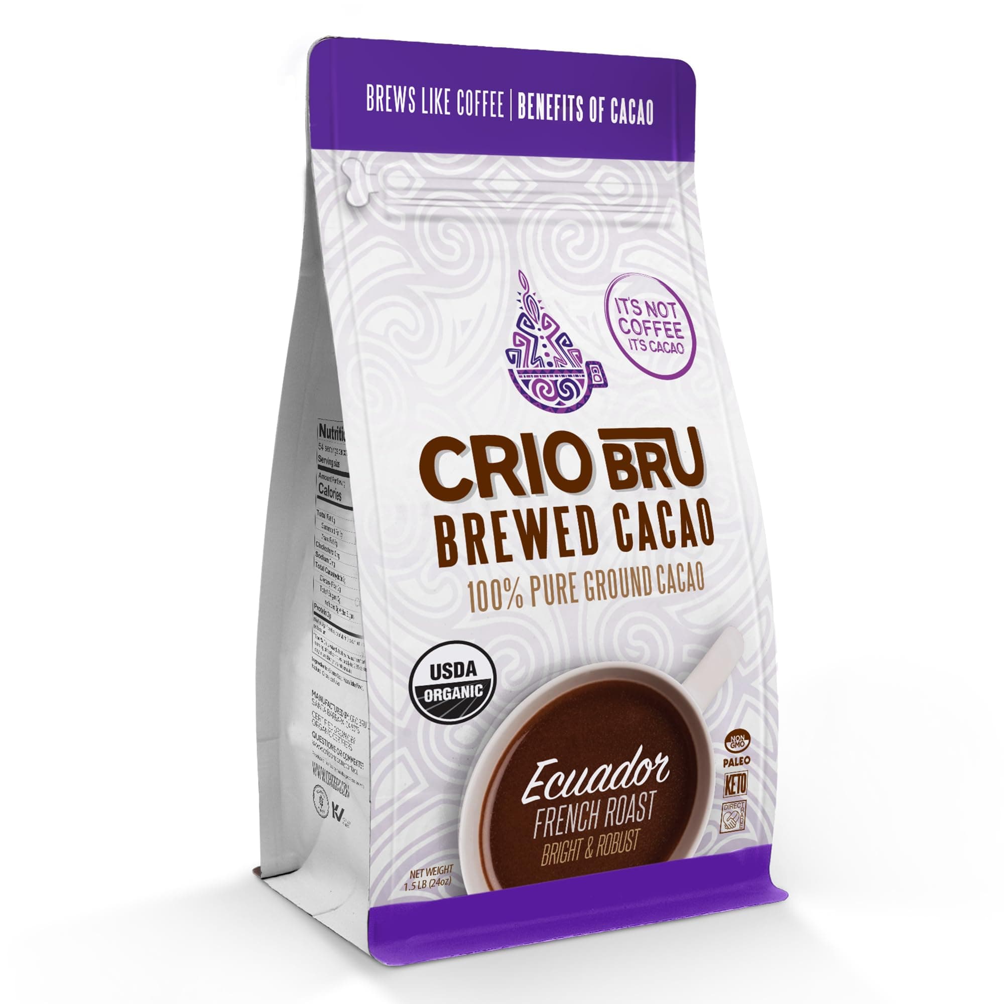 Crio Bru Brewed Cacao Ecuador French Roast Coffee Alternative Natural Healthy Drink | Made with 100% Pure Ground Cacao Beans | 99.99% Caffeine Free, Keto, Low Carb, Paleo, Non-GMO (24 Ounce (Pack of 1), Organic)