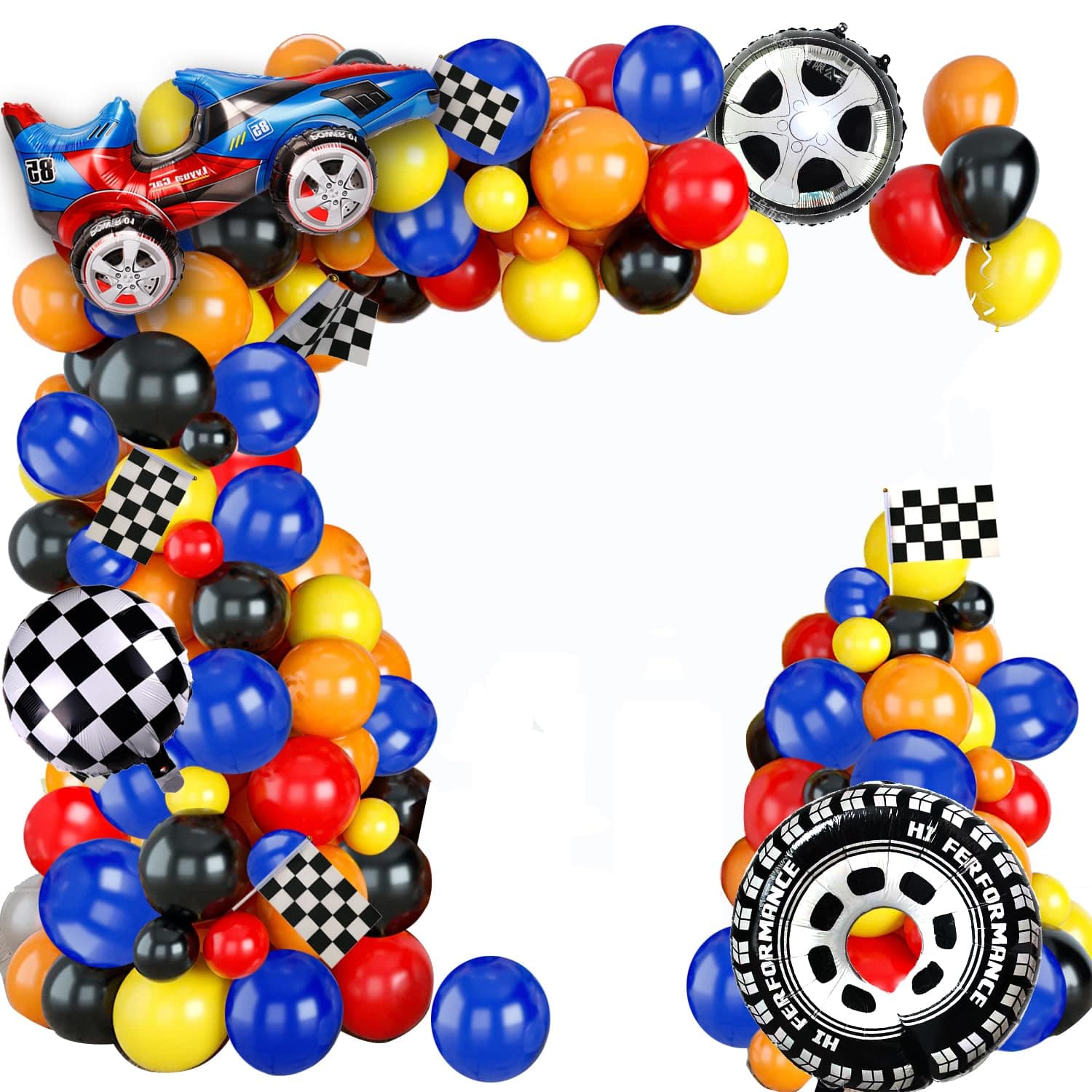 YNOU 121 Pcs Racing Car Balloons Arch Garland Kit Decorations, Race Car Foil Balloons Checker Flag for Monster Truck Party , Finish Line Race Car,Nascar Party Supplies