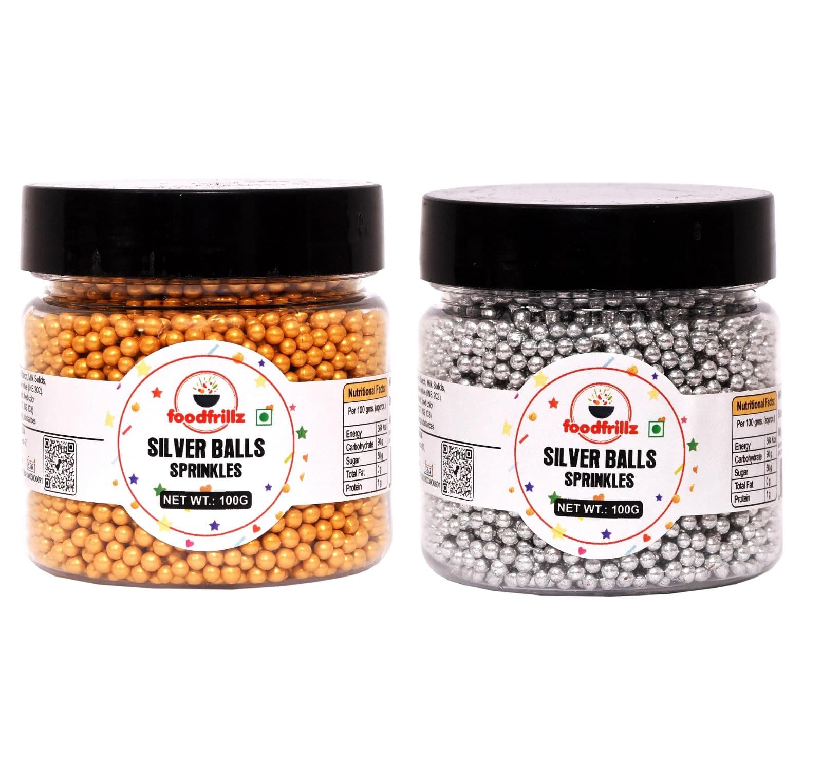 foodfrillz Silver Balls & Golden Balls Edible Cake Sprinkles for Cake Decoration (100 g x 2) sprinkle on cakes, pastries donuts, ice creams | sweet candy