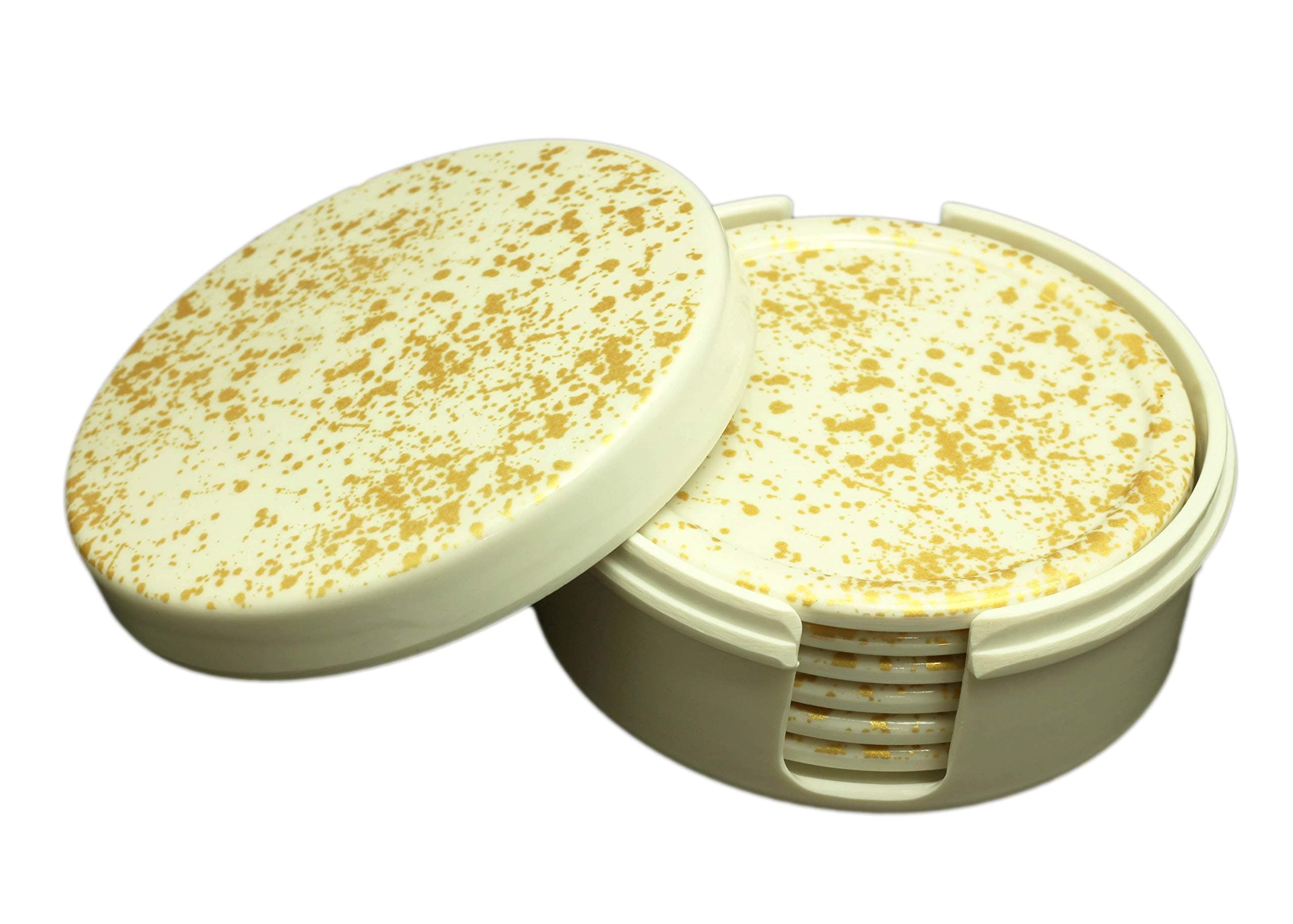 TIbros Gold Spoted Round Printed Melamine Coaster with Stand, Set of 6. (TIB 032)