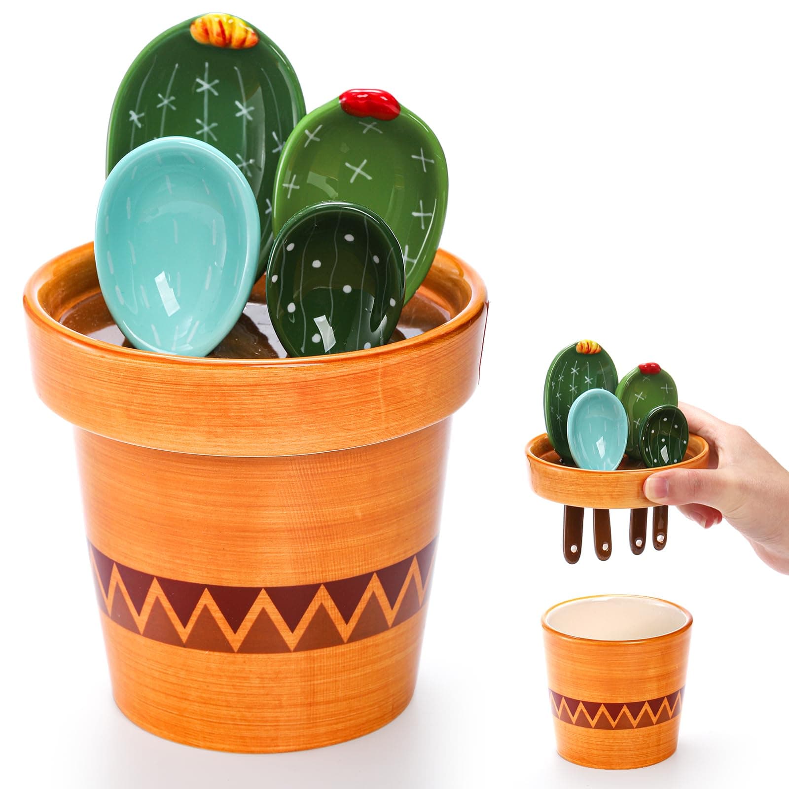 Coloch 4Pcs Ceramic Measuring Spoons and Cup, Cactus Shape Baking Measuring Spoons in Pot Decorative Cactus Figurine Measuring Spoons Set for Baking, Milk, Sugar, Salt, 1/4 tsp, 1/2 tsp, 1 tsp, 1 Tbsp