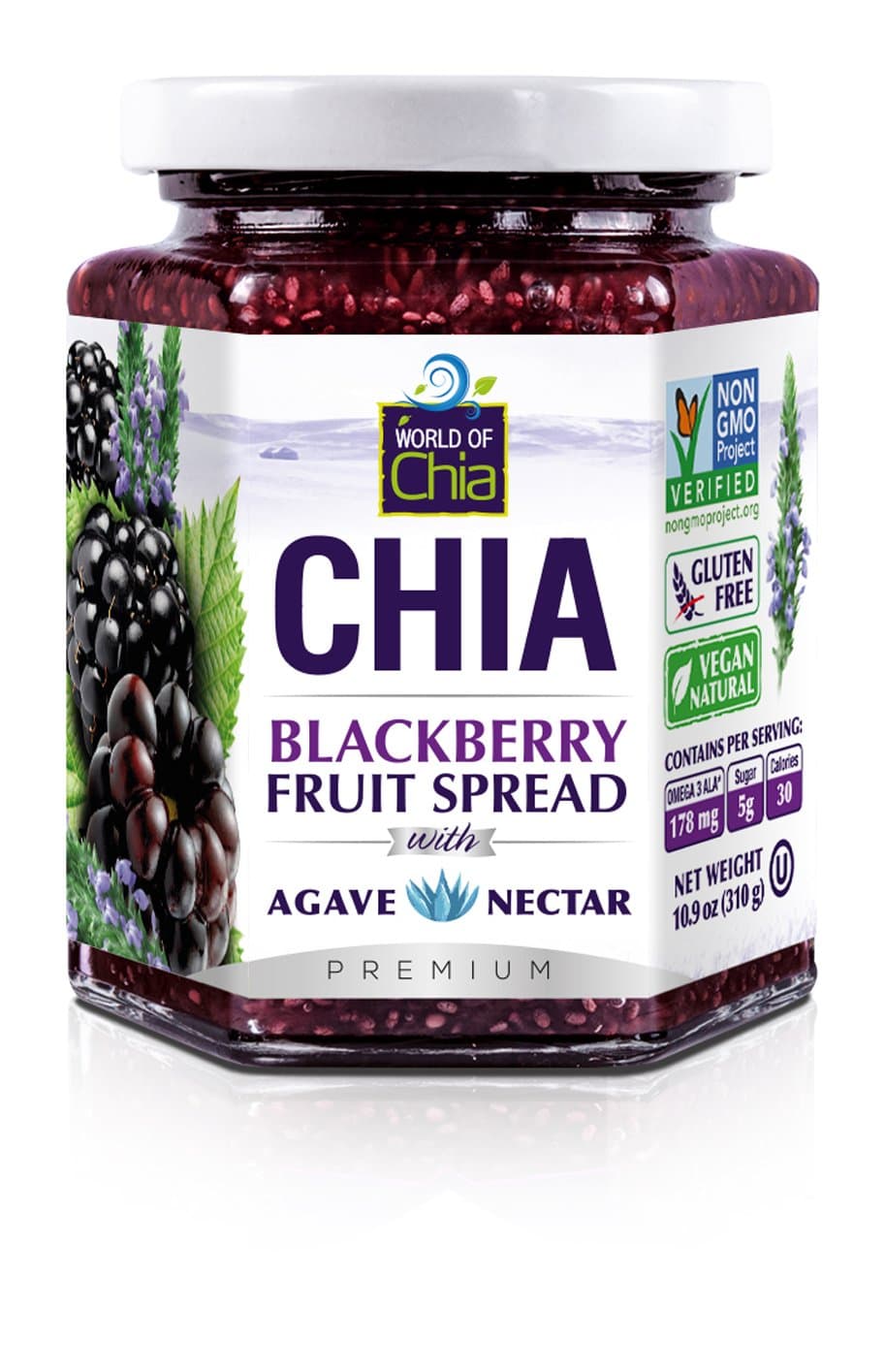 World of Chia Premium Chia Seeds Jam - Blackberry Jams and Preserves - All Natural, Plant Based Chia Jam, Gluten Free, Omega 3, Made in USA, Non GMO, Organic Ingredients, Additive Free, Low Sugar and Low Glycemic, Diabetic Friendly Fruit Spread - (10.9 oz, 310 g Jar) Pack of 3