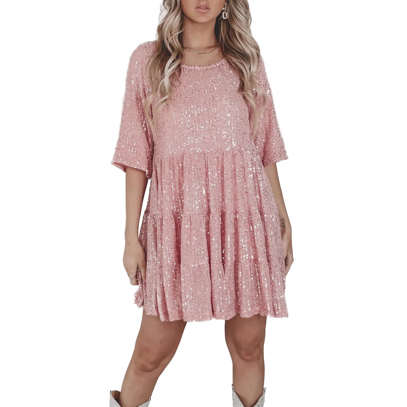 MAYSTEPPESparkly Glitter Dress, Sequin Babydoll Summer Dress Short Flowy Tiered Tunic Dress for Women Party Club Night