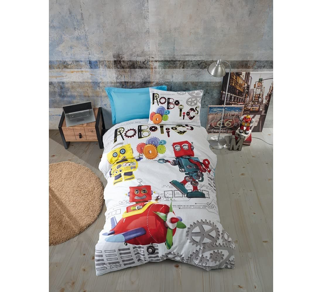 100% Cotton Robot Bedding Set, Robots Themed Twin Size Duvet Cover Set, Boys Bed Set 3 Pieces