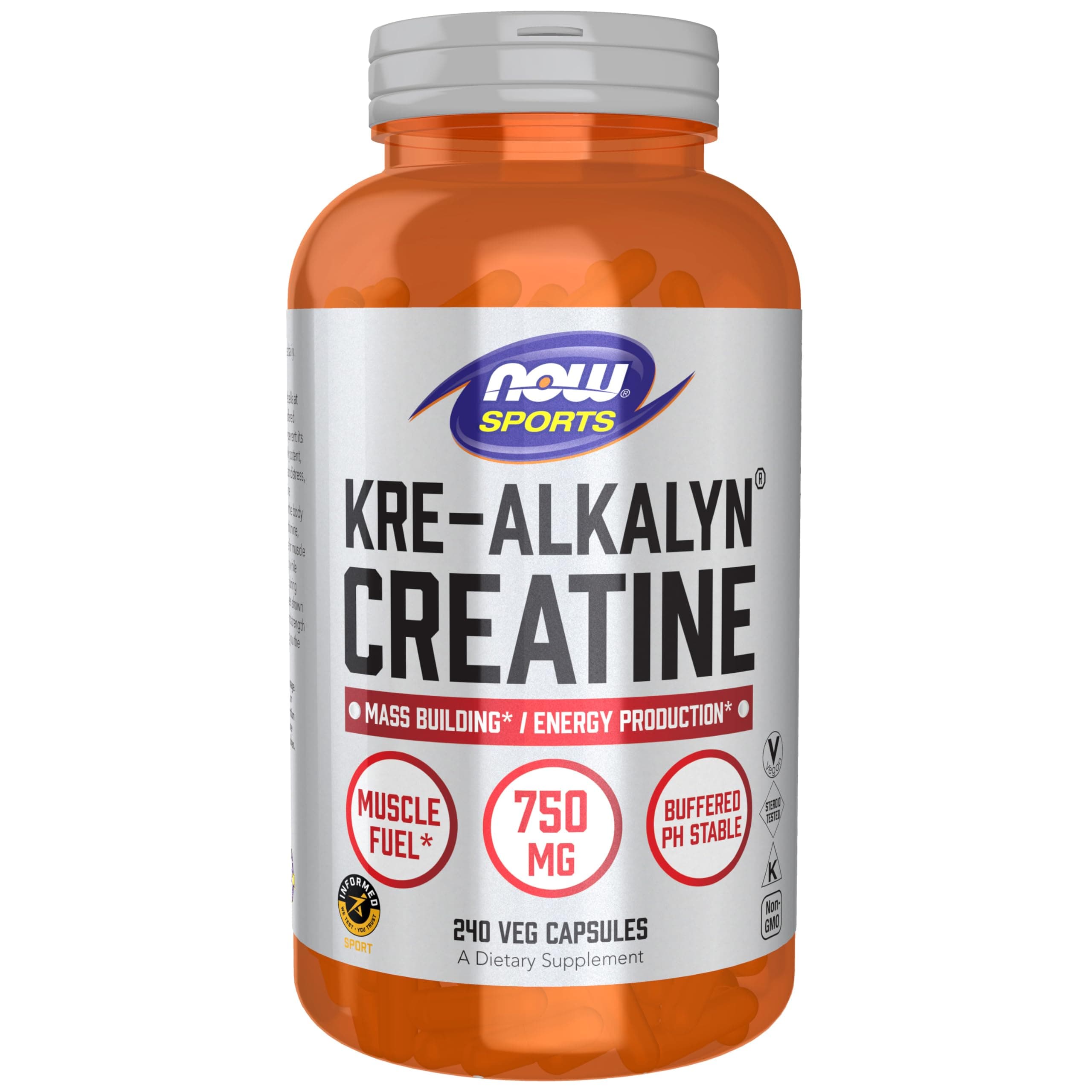 NOW Foods Sports Nutrition, Kre-Alkalyn Creatine 750 mg, Mass Building*/Energy Production*, 240 Veg Capsules