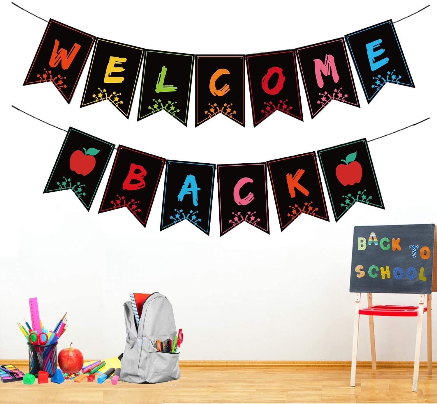 Welcome Back Banner School Decorations - First Day of School Banner Welcome Back Sign for School Classroom Bulletin Board Chalkboard Hanging Decorations