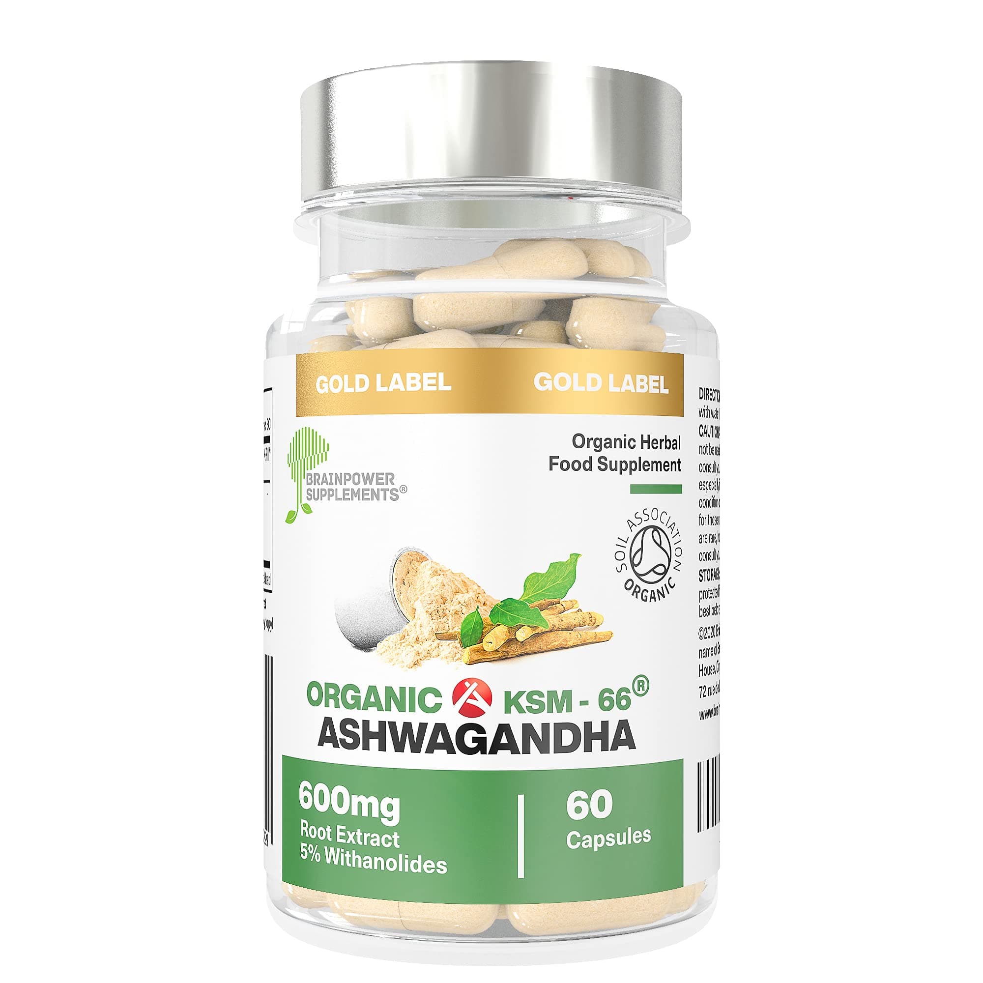 Organic Ashwagandha KSM66® with 5% Withanolides | No Synthetic Binders or Fillers | GMP Made in The UK by Brainpower Supplements®