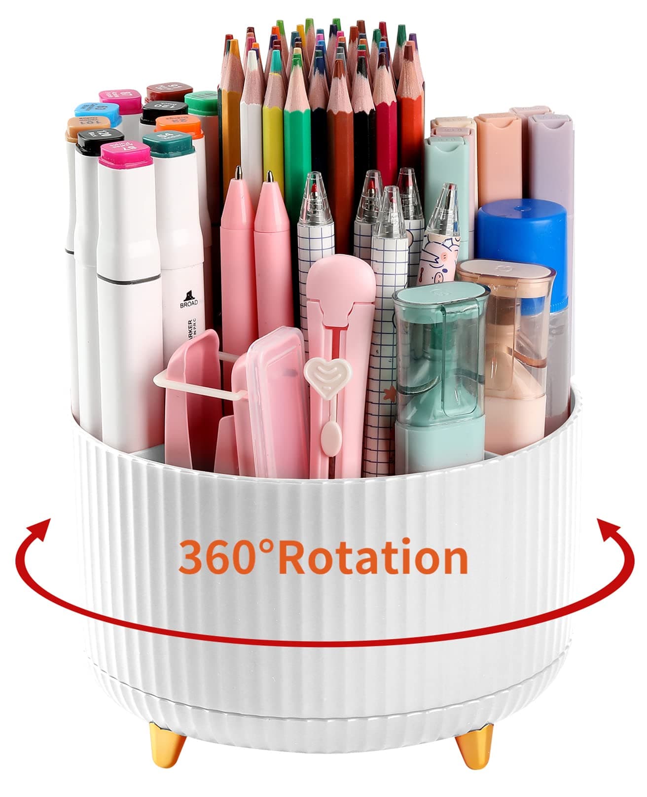 Desk Pencil Pen Holder, 5 Slots 360°Degree Rotating Pen Organizers for Desk, Desktop Storage Stationery Supplies Organizer, Cute Pencil Cup Pot for Office, School, Home, Art Supply, White