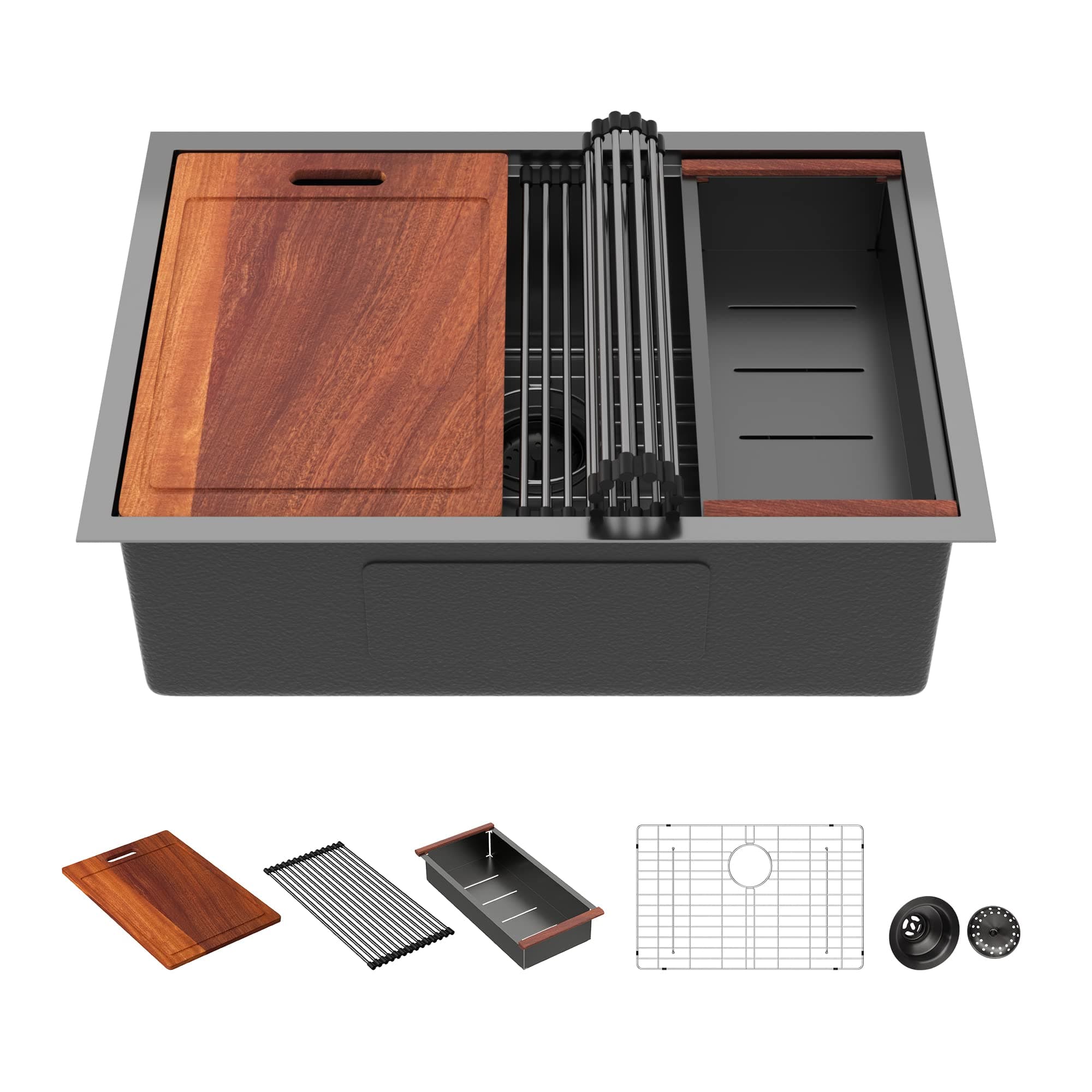 Sarlai 27 Undermount Kitchen Sink Black Stainless Steel - 27x19 Gunmetal Black Stainless Steel Kitchen Sink Undermount Workstataion 16 Guage Single Bowl Deep Sink for Kitchens