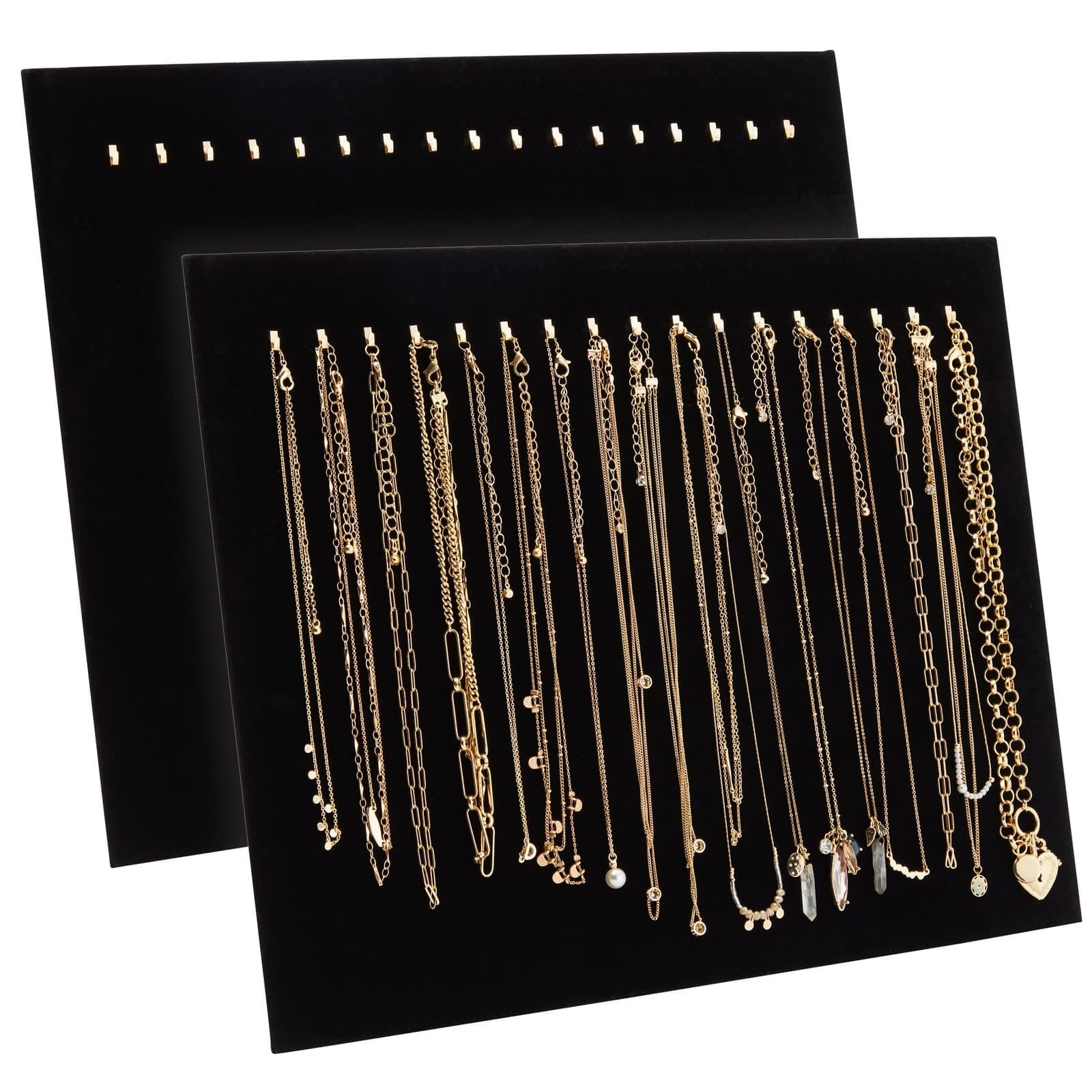 Necklace Organizer - 2-Pack 17 Hooks Velvet Necklace Board, Holder, Display Stand, Tray, for Bracelets, Chockers, Chains, Jewelry Storage, Show, Retail, Shop, Home, Black, 14.6 x 11.9 x 4.5 Inches