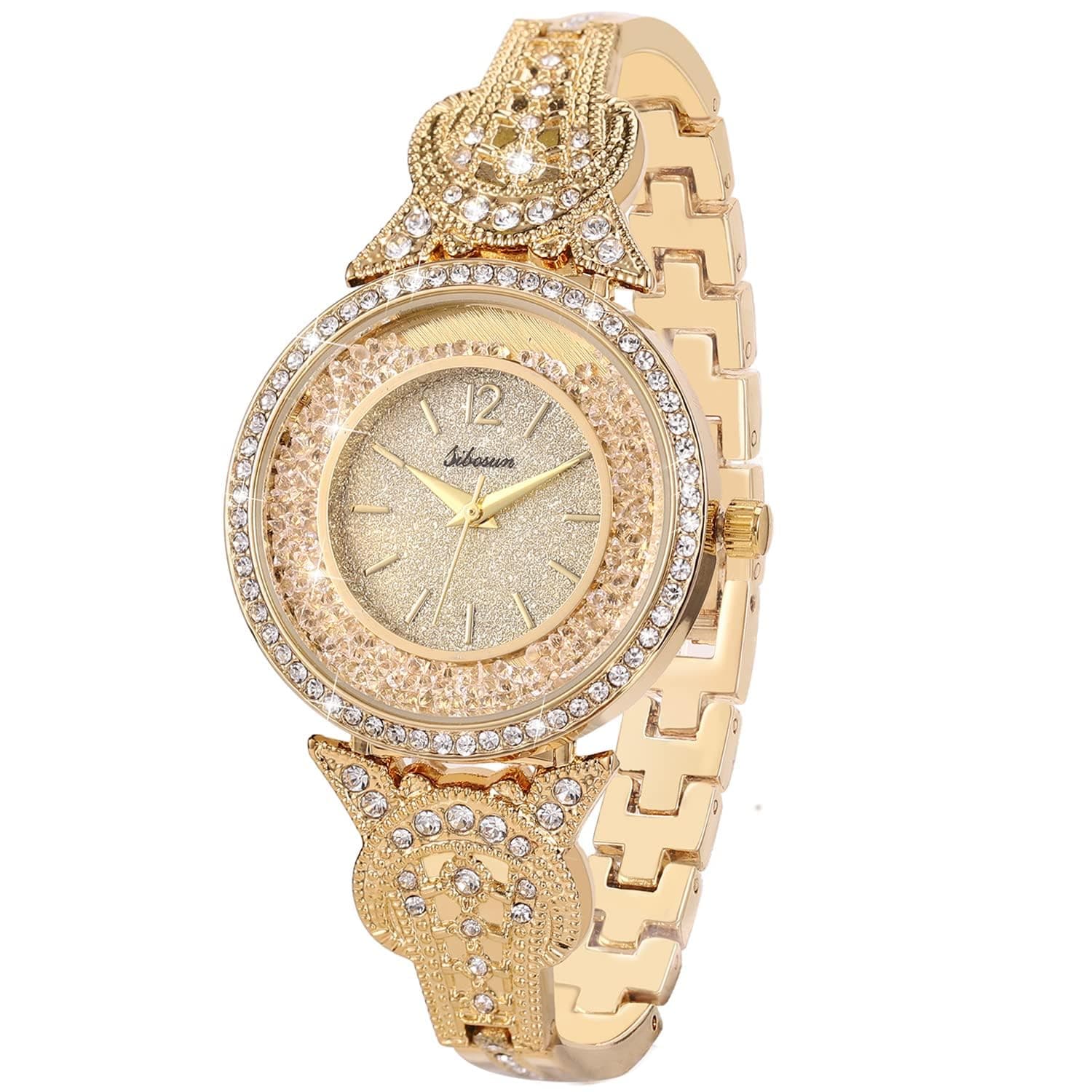 SIBOSUNLady Women Wrist Watch Quartz Gold Stainless Steel Crystal Dress Fashion Bracelet