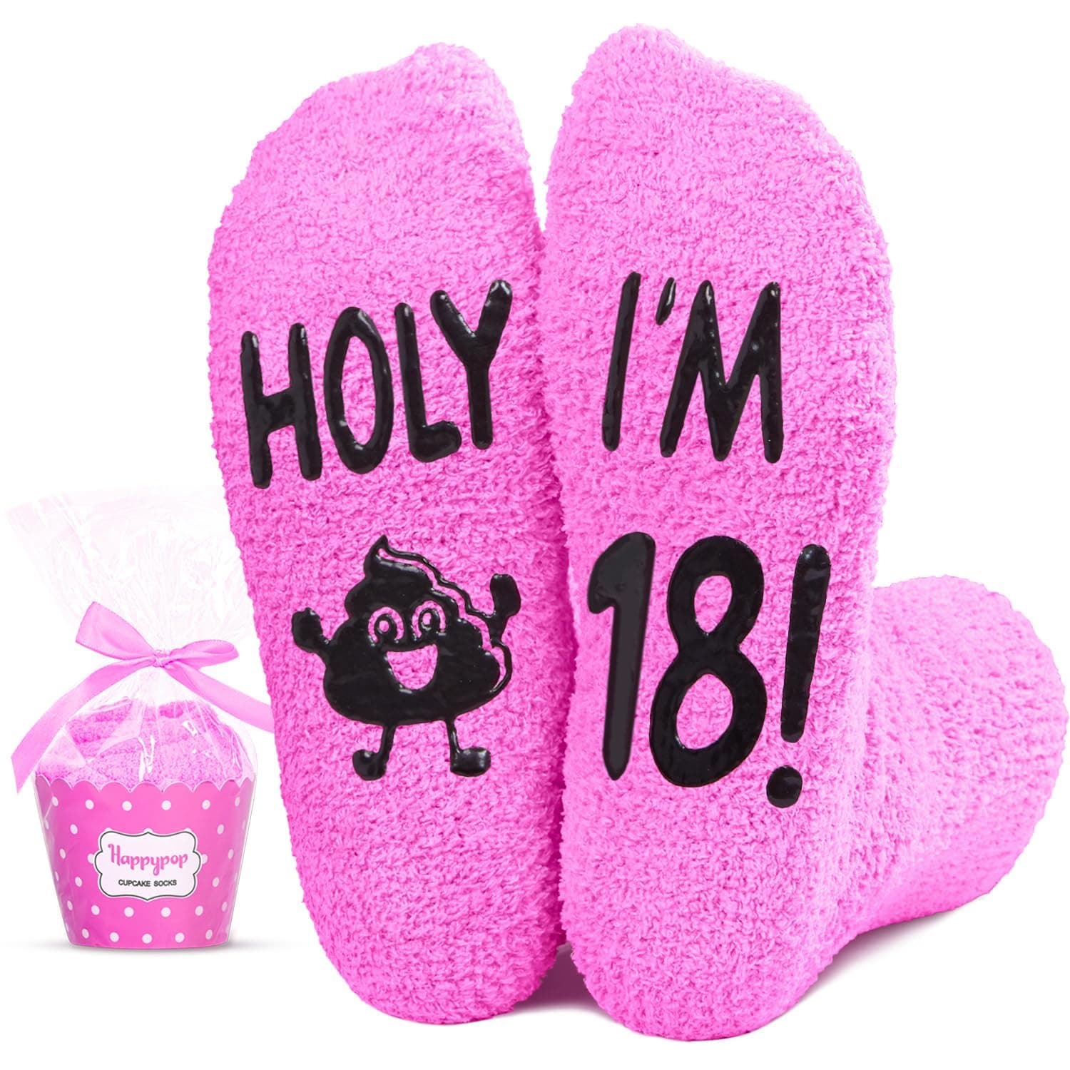 HAPPYPOP Funny Socks for Women Pink Fuzzy Fluffy Cupcake Socks with Funny Saying, Gifts for Women
