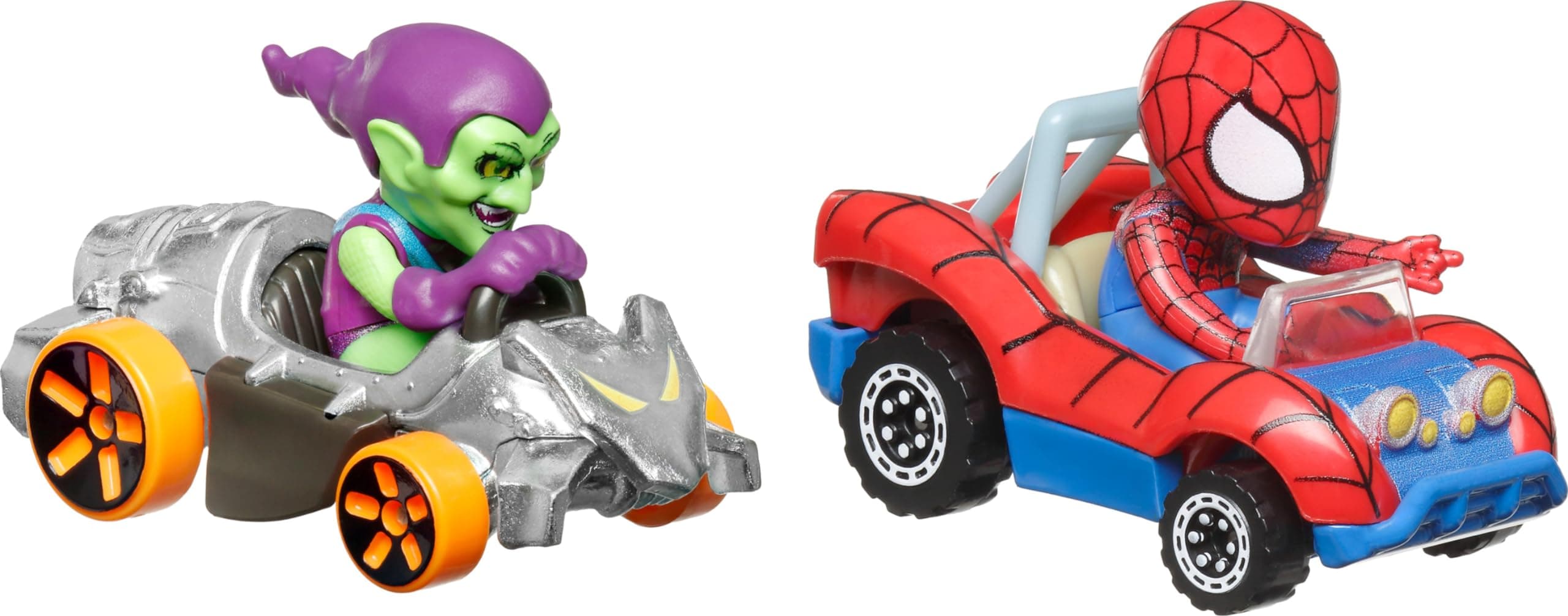 RacerVerse Toy Cars 2-Pack, Set of 2 Die-Cast Vehicles with Character Driver, Optimized for Track Performance : Spider Man & Green Goblin