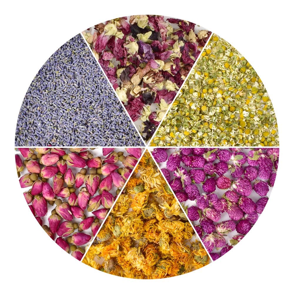 Dried Flowers Soap Making Scents Kits Rosebuds, Lavender, Gomphrena Globosa L, Violet Flower, Marigold and Chamomile, 6 Bags