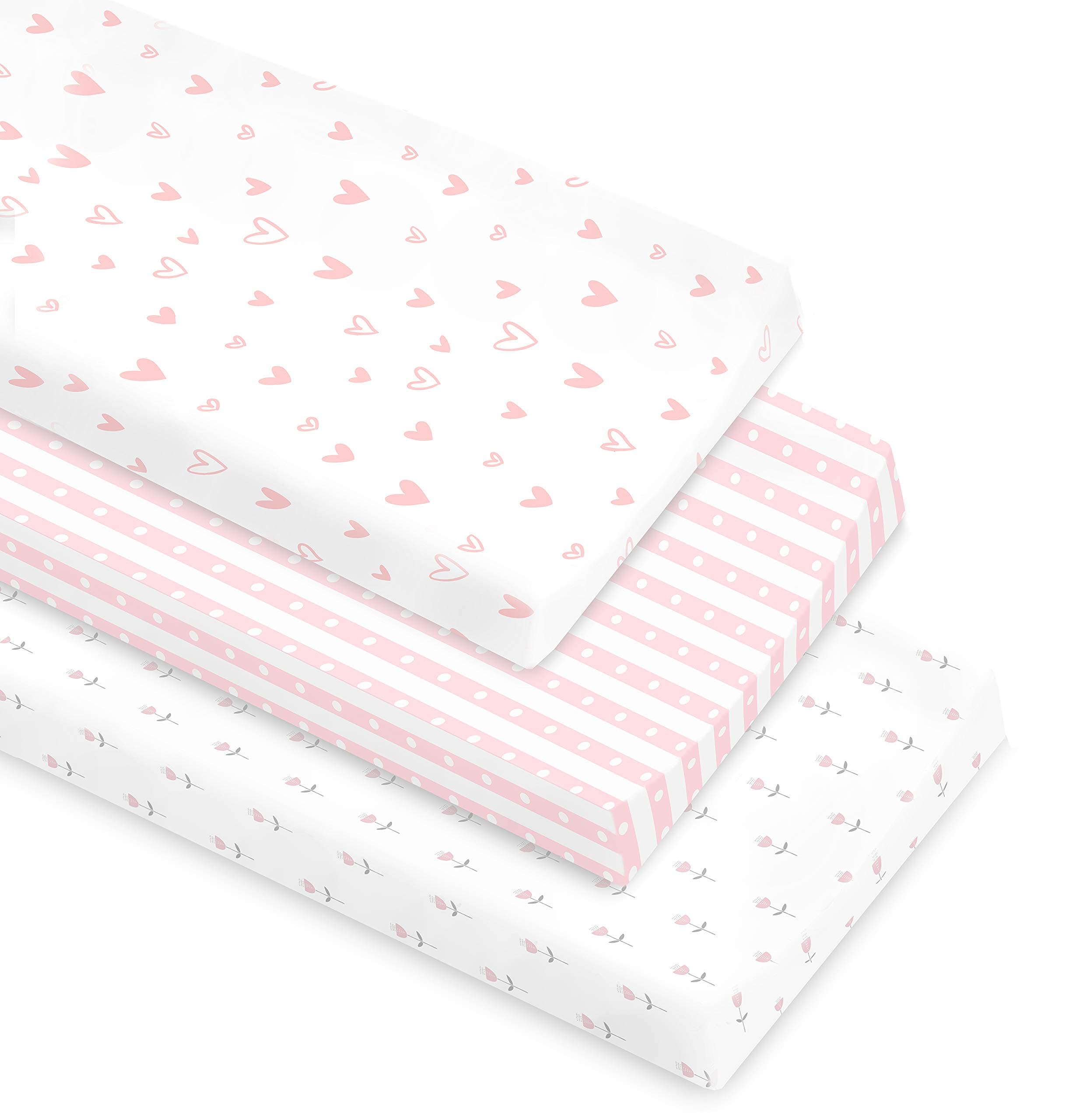 Pink/White Patterns 100% Organic Cotton Changing Pad Covers/Cradle Sheets 3 Pack