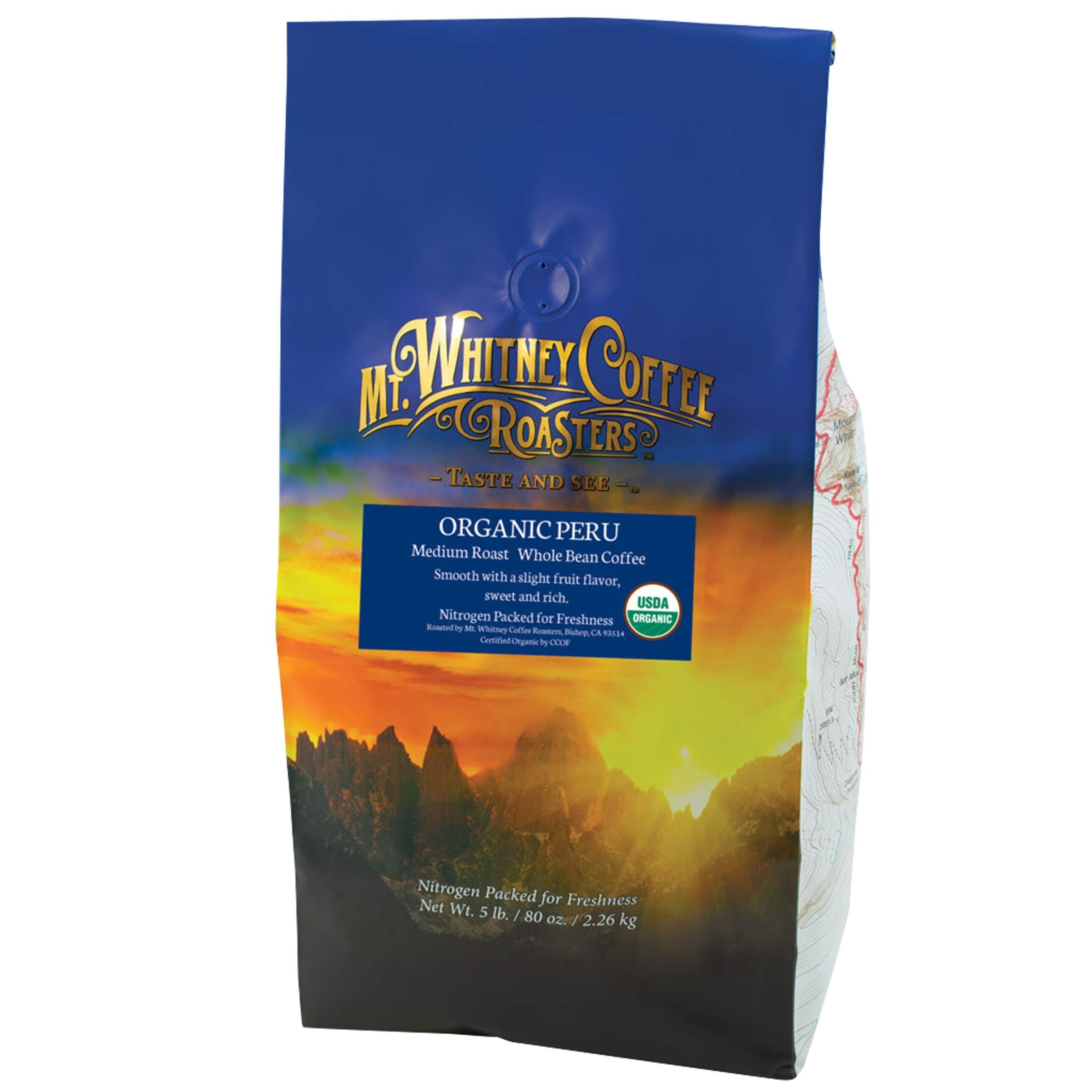 Mt. Whitney Organic Shade Grown, Low Acid, Coffee from Peru (Whole Bean, 5 Lb)