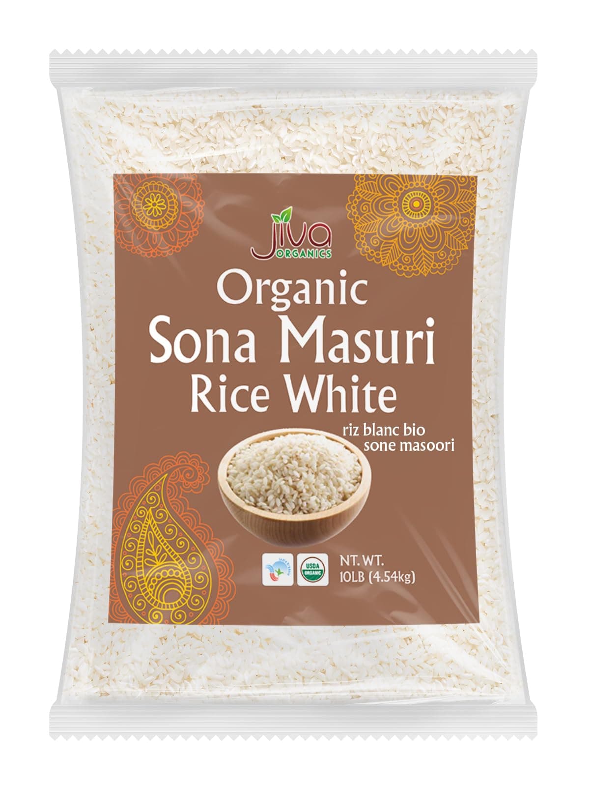 Organic Sona Masoori Rice 10 LB Premium Quality - India Origin, Short Grain Rice, All Natural & Non-GMO - by Jiva Organics (10 Pounds)