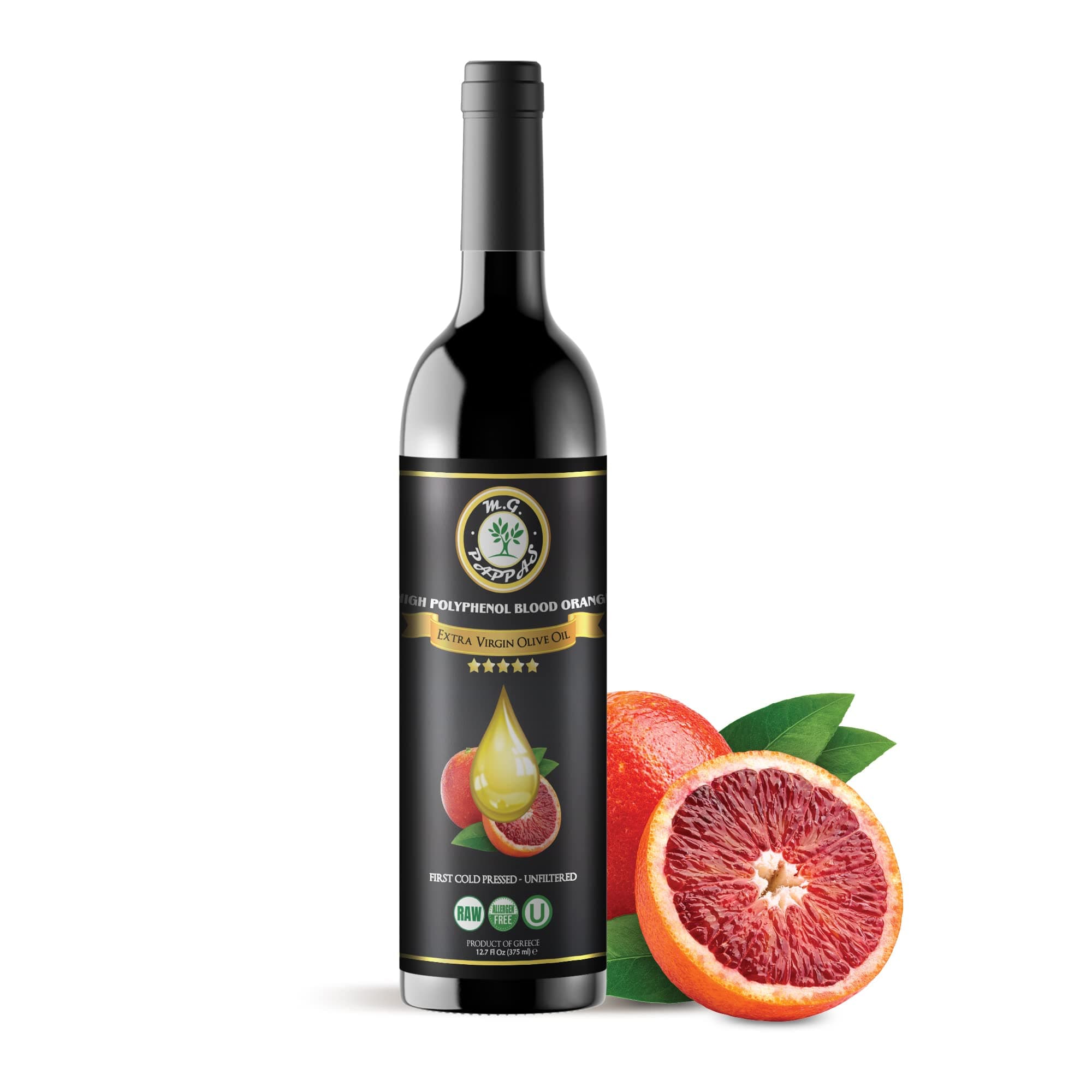 M.G. PAPPAS High Polyphenol Rich Blood Orange-Infused Olive Oil Extra Virgin - Polyphenol Lab Report 550mg/kg - Cold Pressed & Unfiltered - High Hydroxytyrosol Greek Olive Oil Award Winning - 12.7 Oz