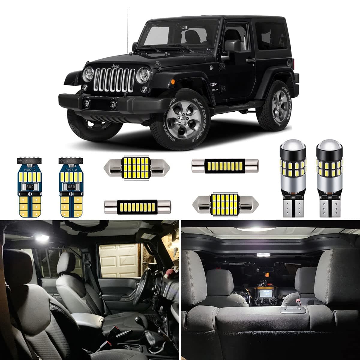 AUTOGINE 7 Piece CANBUS LED Interior Light Kit for Jeep Wrangler JK 2-Door 2007 2008 2009 2010 2011 2012 2013 2014 2015 2016 2017 Super Bright 6000K White Interior LED Bulbs Package + Install Tool