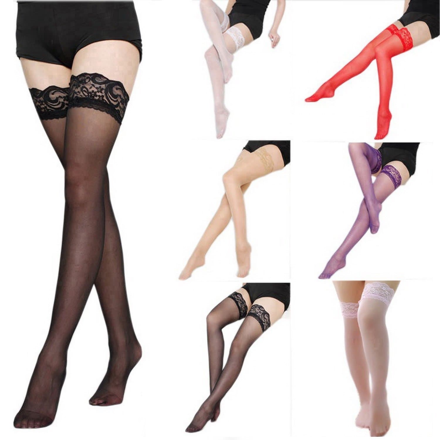 Thigh-High Stockings non-slip Silicone Sheer Lace Top Thigh High Over the Summer Style Sexy Knee Long Stockings (6-Pairs/Colors)