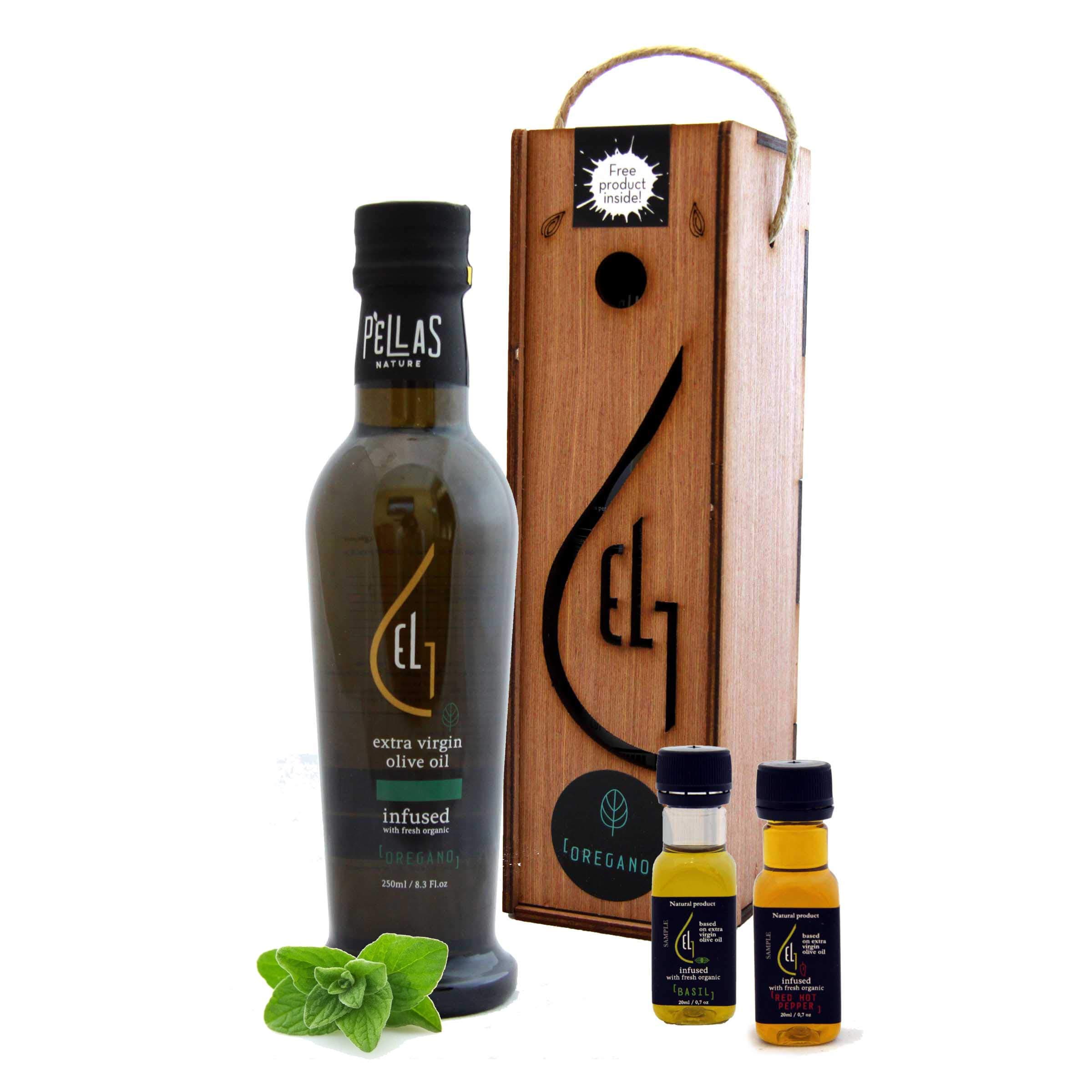Pellas Nature | Fresh Organic Oregano Infused Extra Virgin Olive Oil | Ultra Premium | Single Origin | Wooden Gift box | 2 Free Samples Included | 8.45 oz