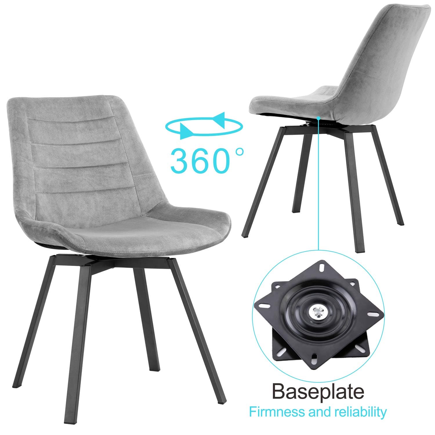 Dining Chairs,Velvet Chair Set of 2,Swivel Kitchen Chairs with Sturdy Metal Legs (Grey)
