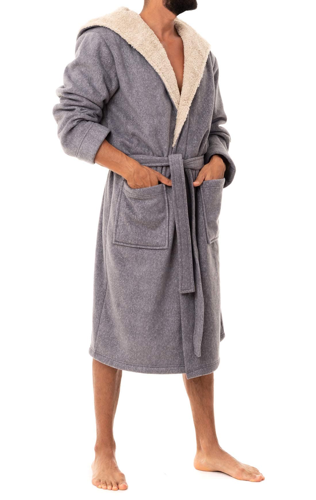 John Christian Men's Hooded Bonded Fleece Robe, Gray/Tan