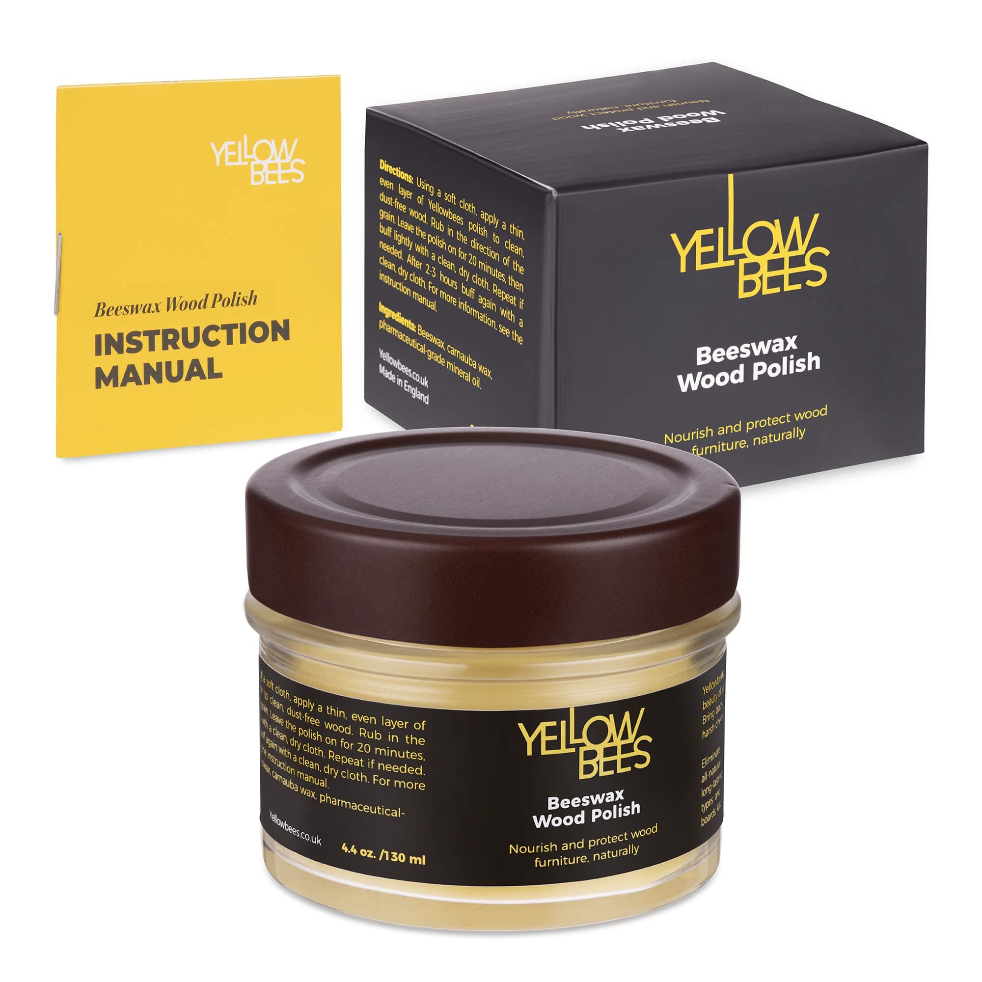 Yellowbees Natural furniture wax,beeswax polish for wood treatment - Suitable for oak, pine and all wood types dark or light- clear 130ml