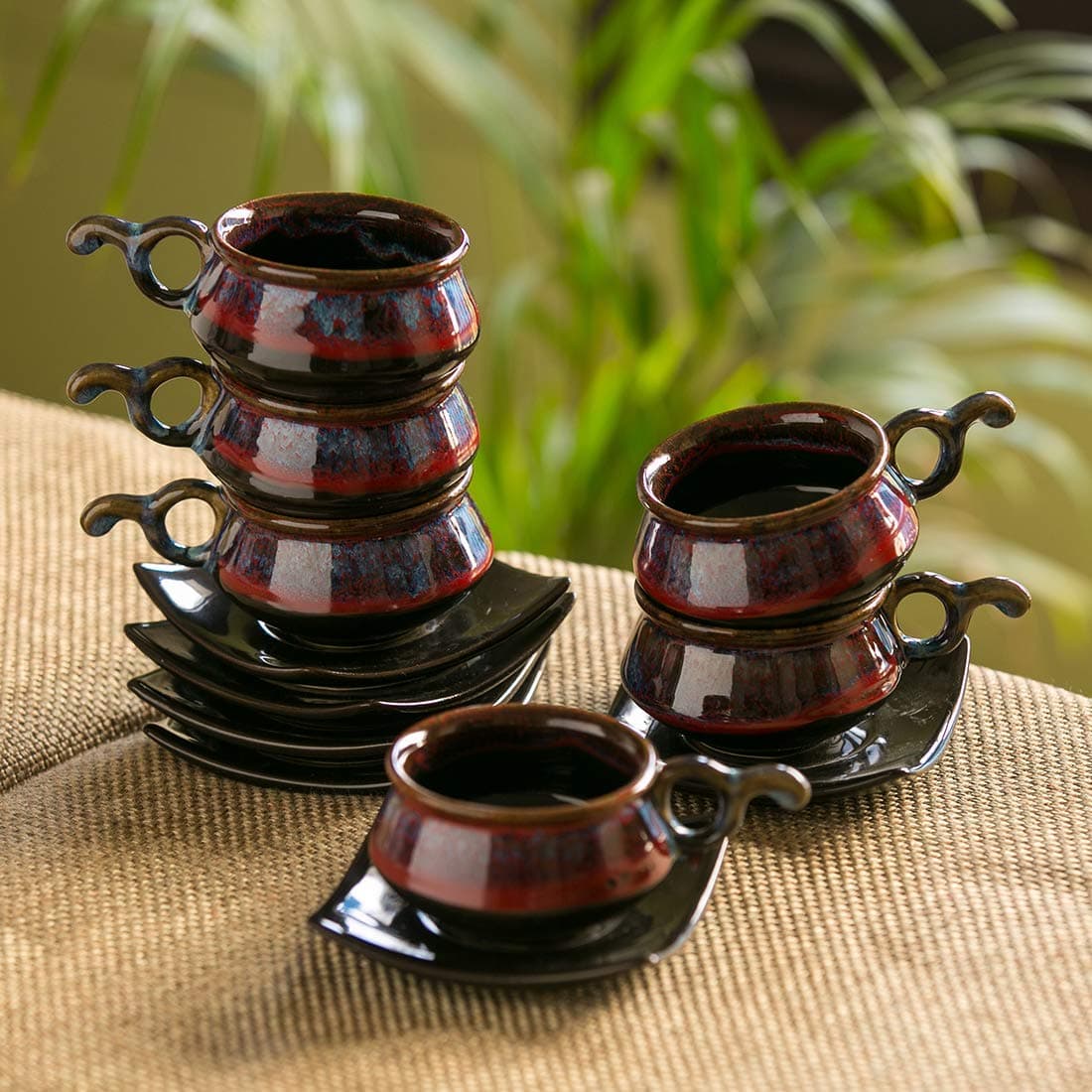 ExclusiveLane 'Crimson Mascarene' Hand Glazed Studio Pottery Ceramic Tea Cups & Saucers Set (Set of 6)- Cup Set for Tea of 6 Tea Set Tea Coffee Cups Mugs Set